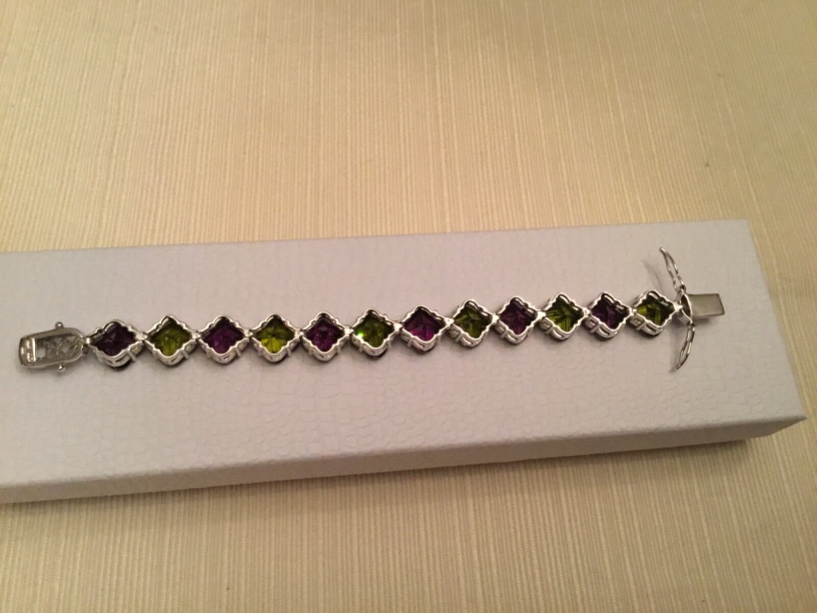 Sterling Silver PURPLE AND GREEN QUARTZ TENNIS BRACELET 6.5” DESIGNER SIGNED JJJ