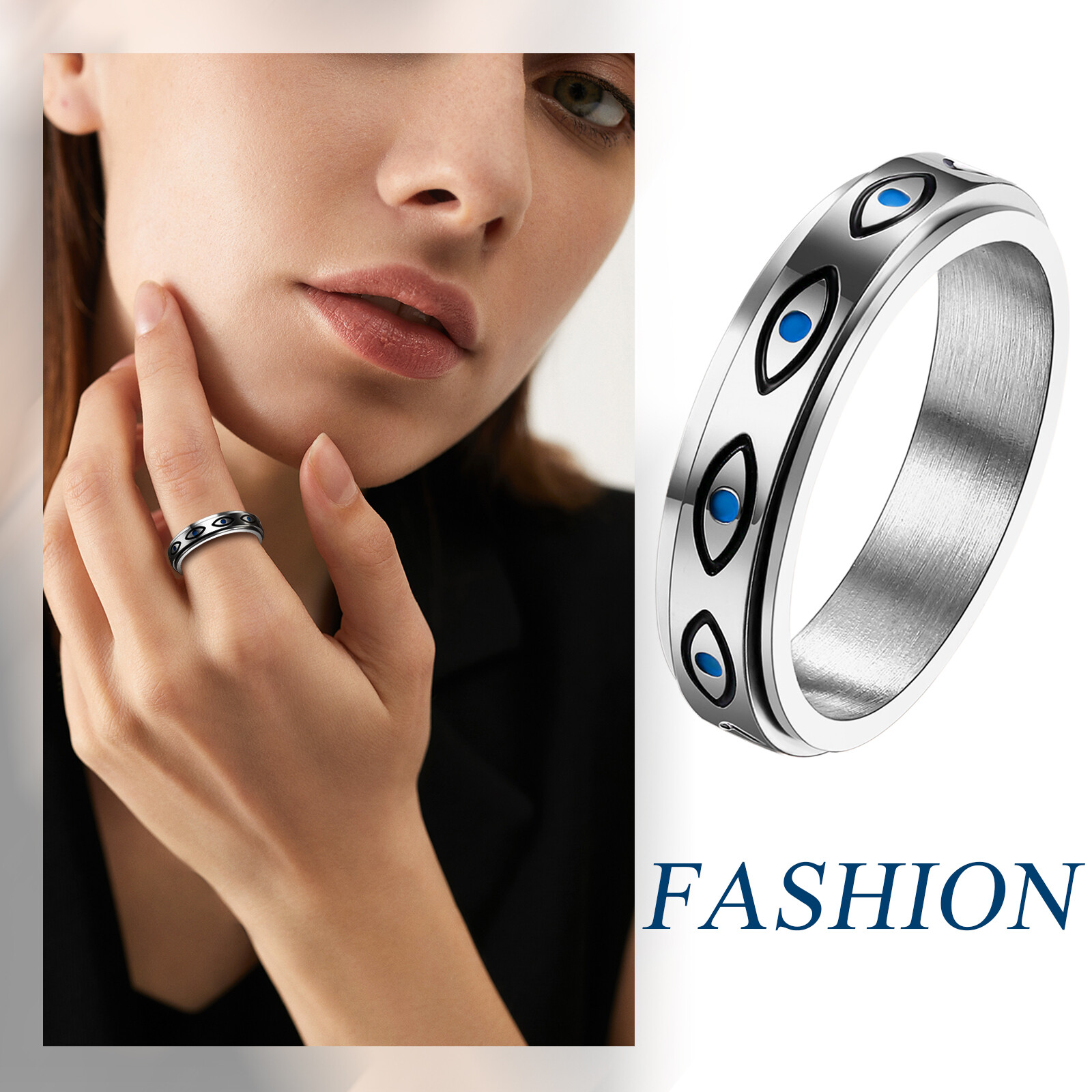 Evil Eye Spinner Ring Anti Anxiety Fidget Stainless Steel Rotate Band Men Women