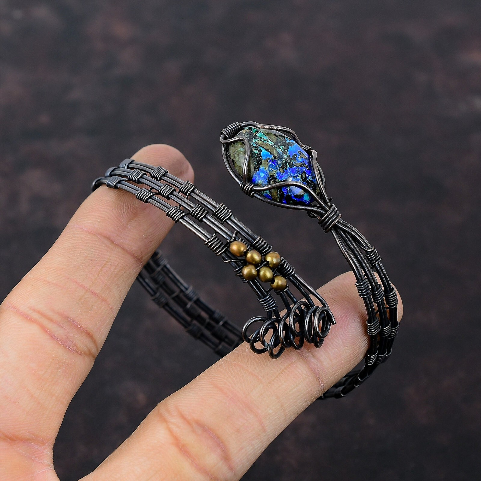 Azurite Malachite Wire Wrapped Adjustable Cuff Handcrafted Copper Unique Gift