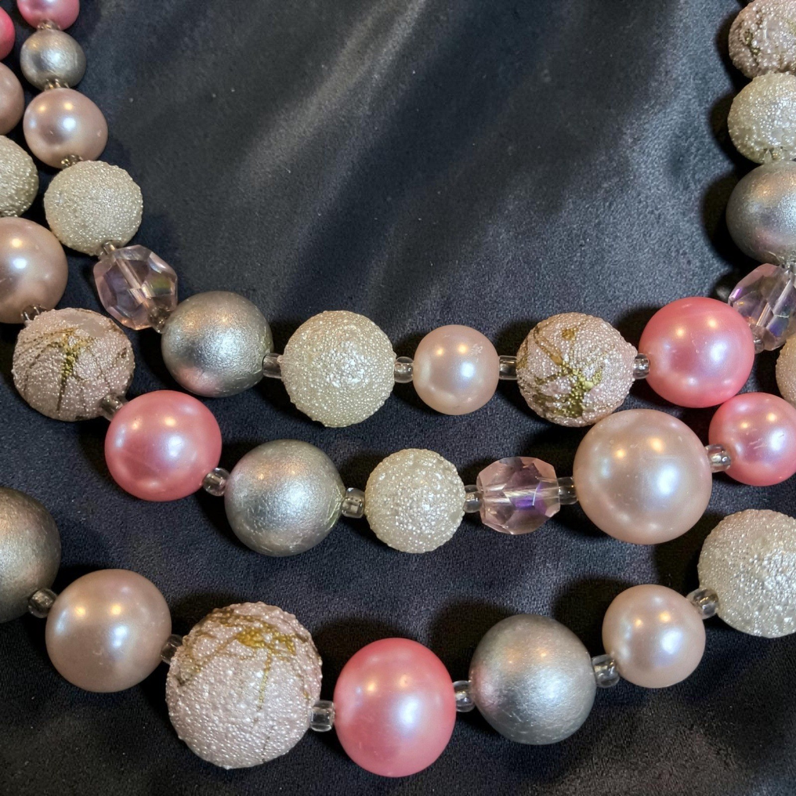 Vintage Japan-Stamped Pink Gray 3 Strand Beaded Bib Necklace Faux Pearl Crystal
