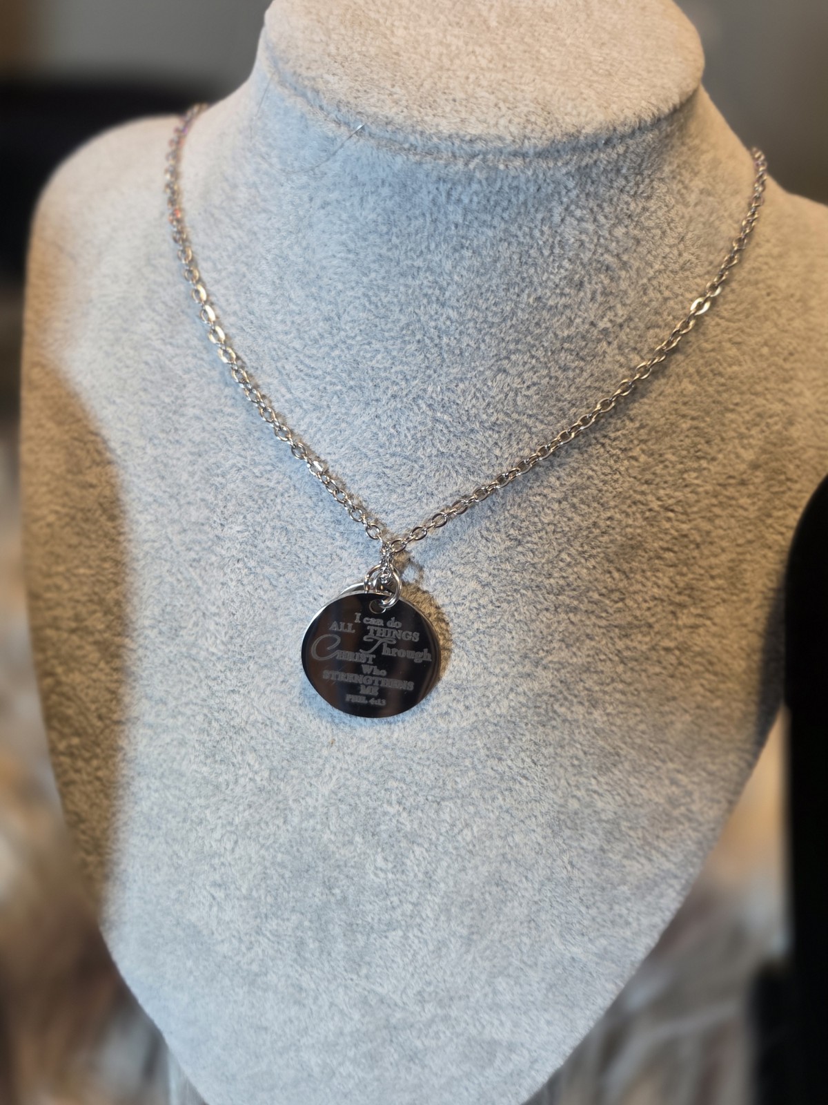 Silver Round Unisex Bible Verse Phil 4:13 Necklace Stainless Steel Pendant Chain