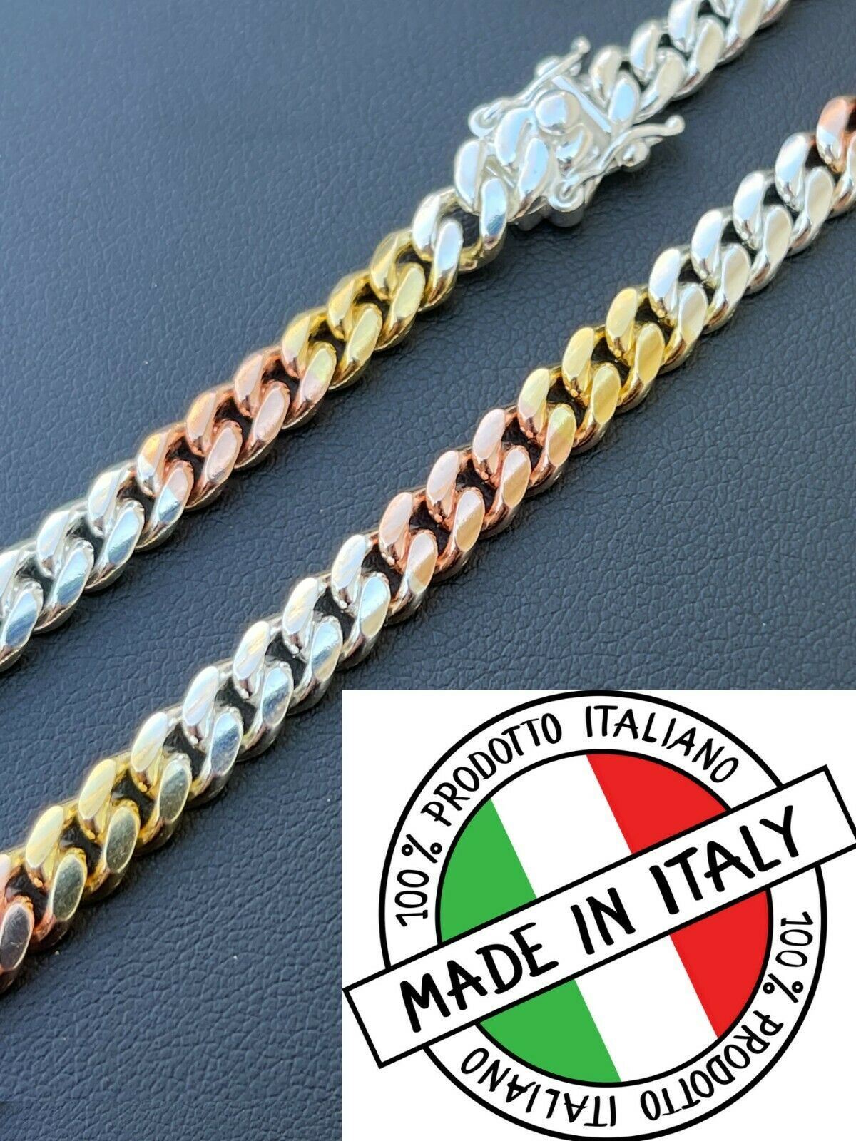 Tri Color Solid 925 Silver Rose & 14k Gold Plated Miami Cuban Necklace Bracelet