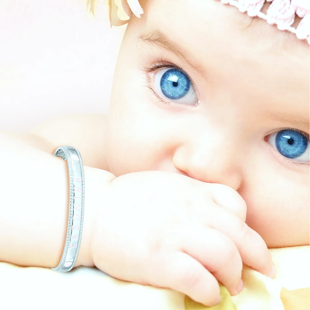 Sterling Silver RH-Plated Enamel & Crystal PRINCESS With Chain Baby Bangle