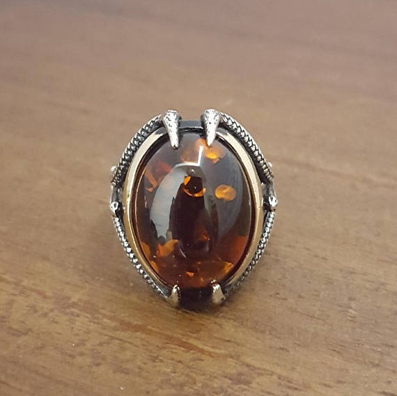 Solid 925 Sterling Silver Natural Baltic Amber Gemstone Signet Men’s Unisex Ring