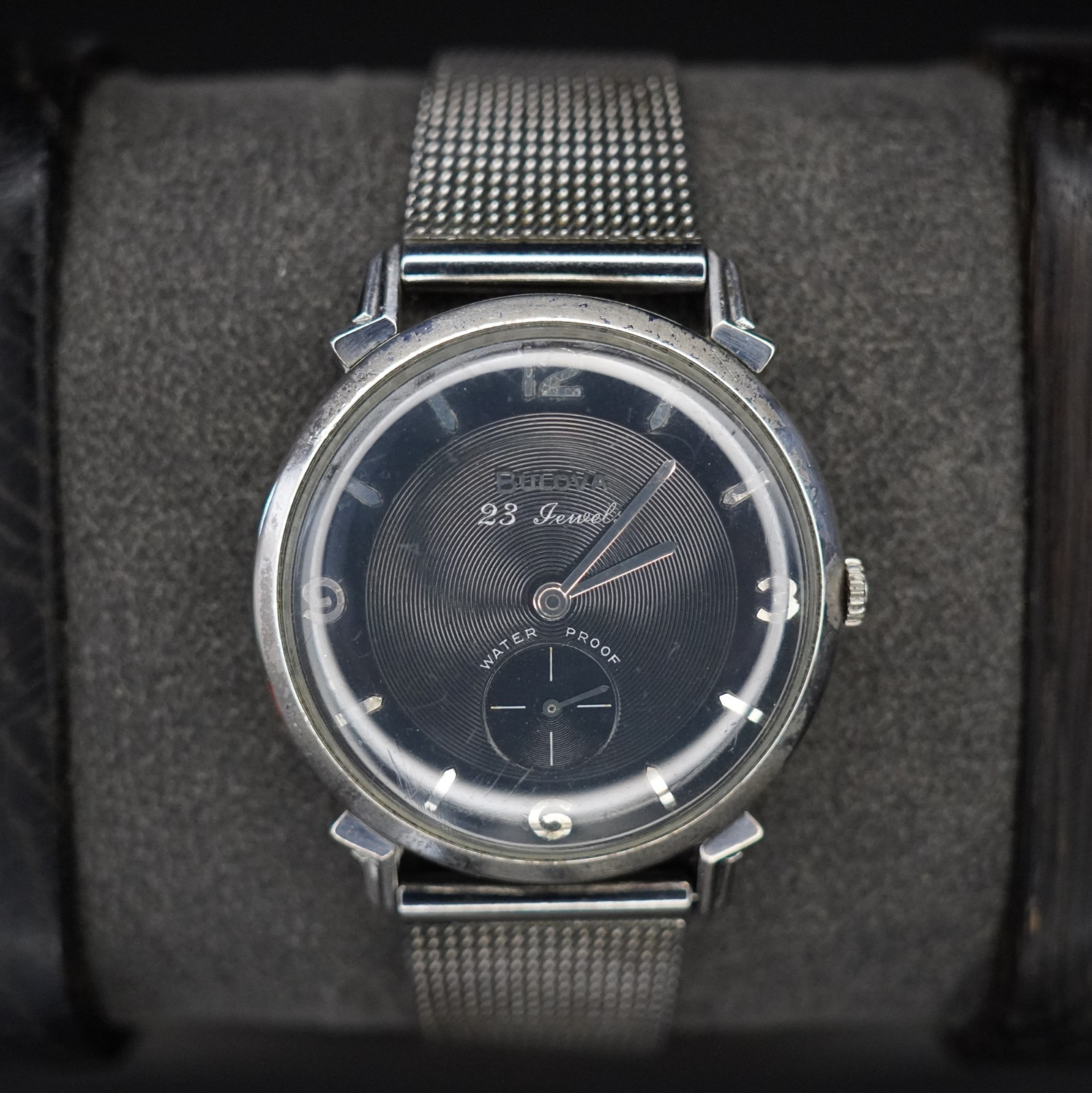 Vintage 1959 Bulova 23 Jewels Manual Wind Black Dial 10KT RGP Waterproof Watch