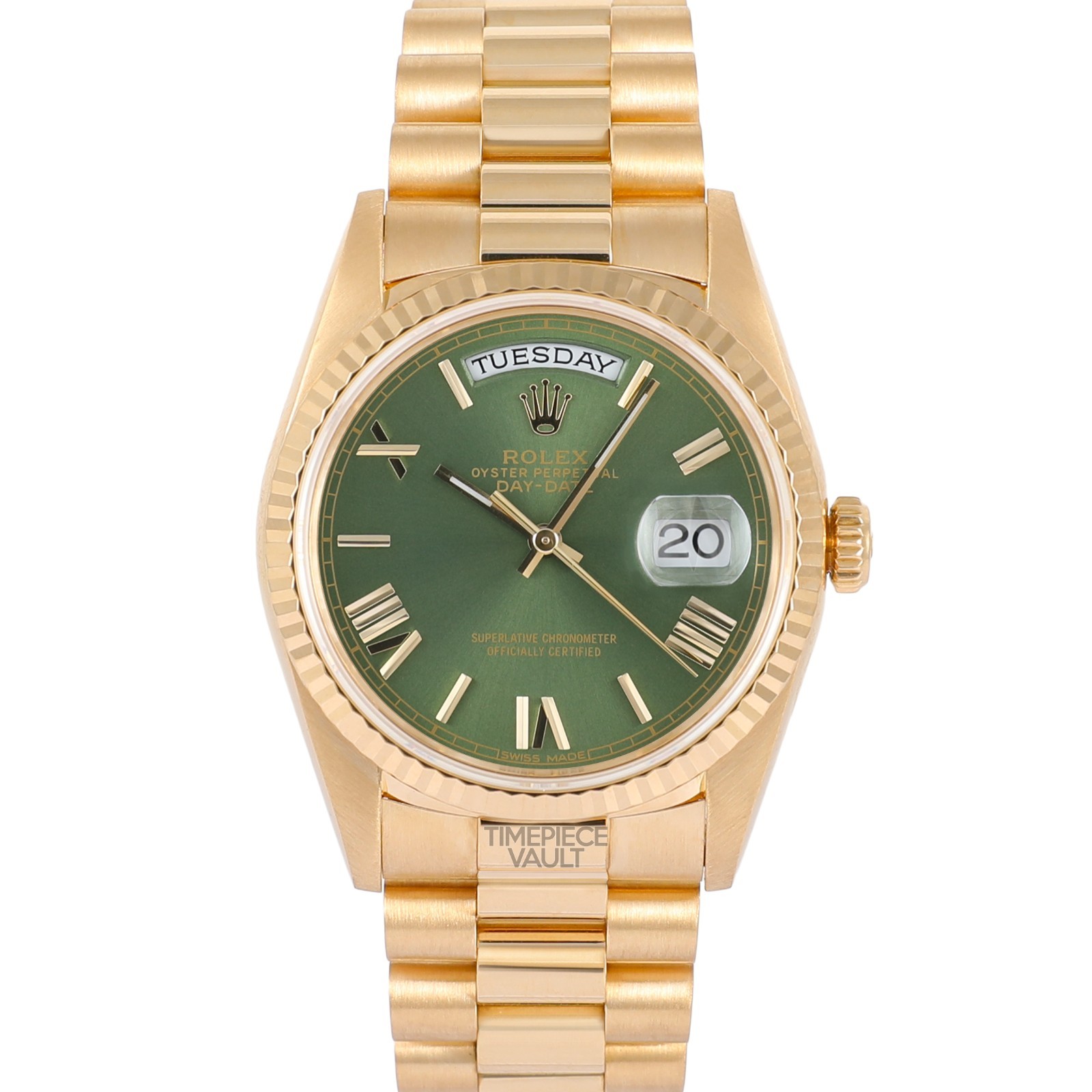 Rolex Day-Date 18238 President 18k Gold 36mm Olive Green Roman Dial-Fluted Bezel