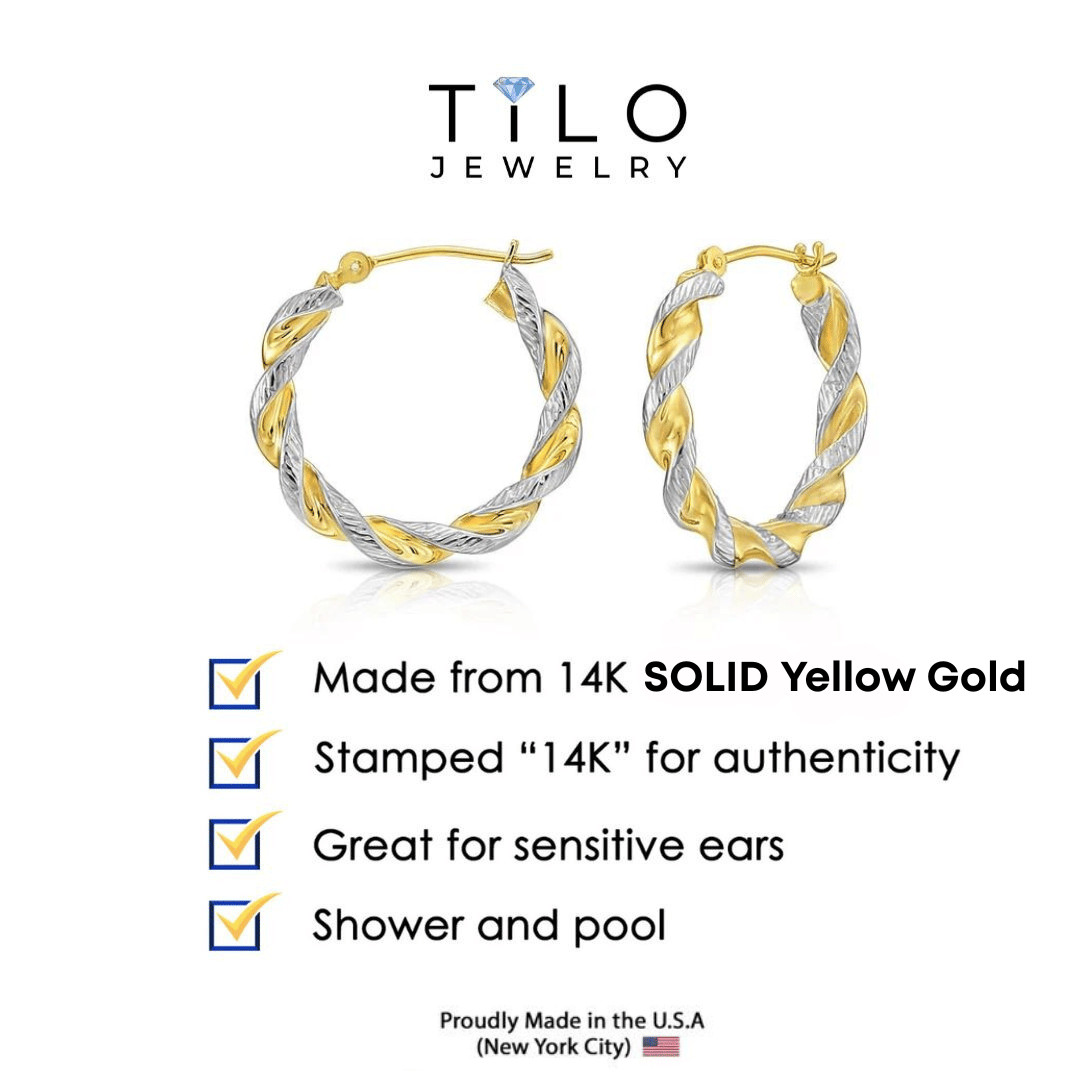 14K Real Solid Gold Two-tone Gold Twisted Rope Round Chunky Creole Hoop Earrings