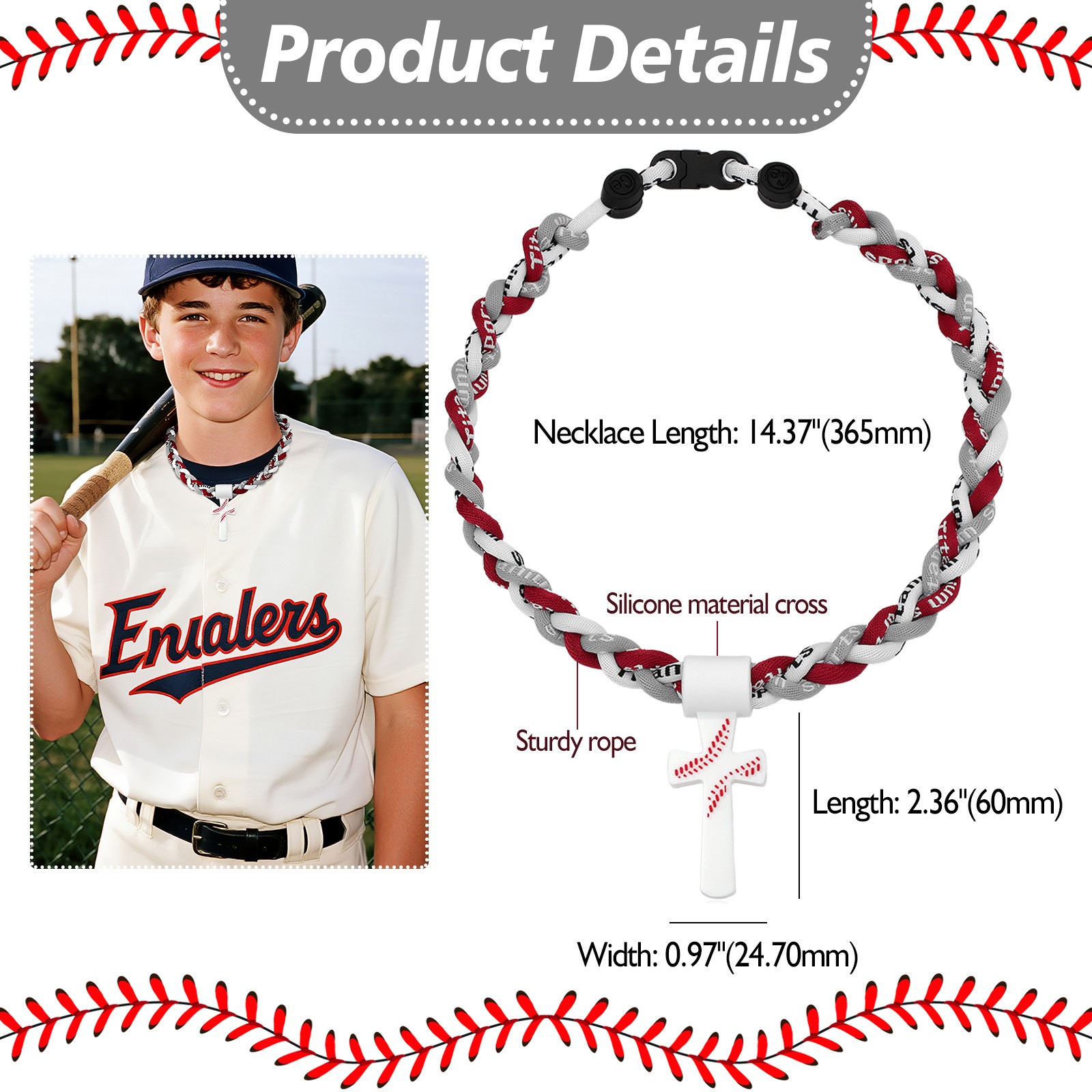 ‌Boys Kids Baseball Triple Braided Necklace Tornado Cross Philippians 4:13 Rope