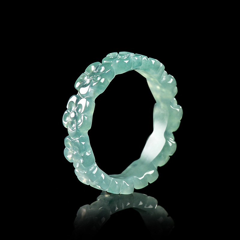 Blue Myanmar Jadeite Flower Ring Emerald Real Burmese Jade Accessories Carved