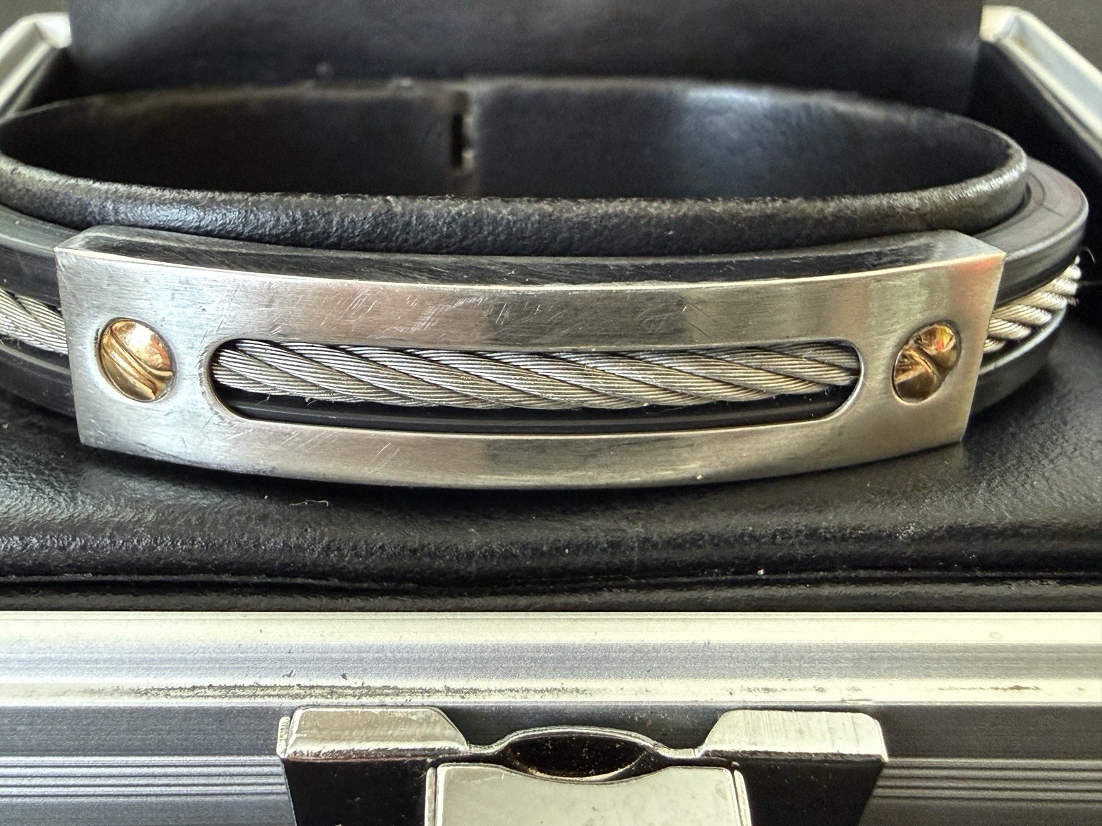Triton Mens Bracelet Stainless Steel & Black Rubber 14K Gold Screws Cable Inlay
