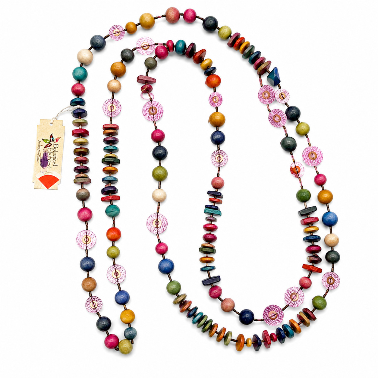 Tribal Boho 70″ Wood Bead Rope Necklace Botanical Harvest Philippines NWT
