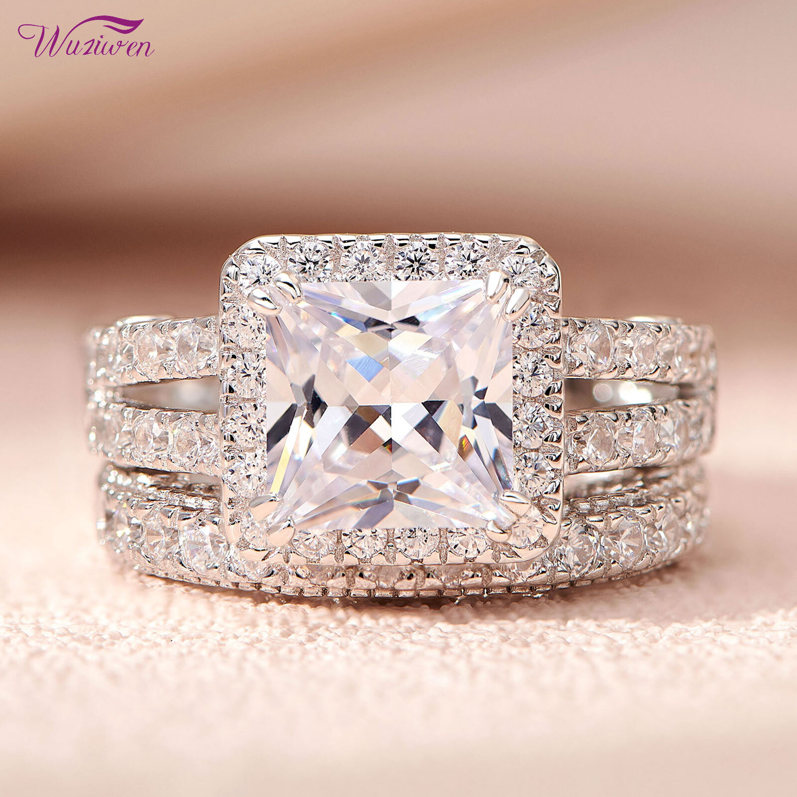 Wuziwen Wholesale 925 Silver Engagement Promise Wedding Ring Set Princess Cut CZ