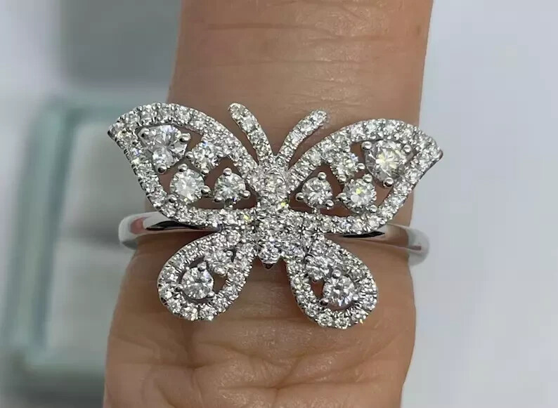 2Ct Real Moissanite Butterfly Engagement Ring 14K White Gold Plated Silver