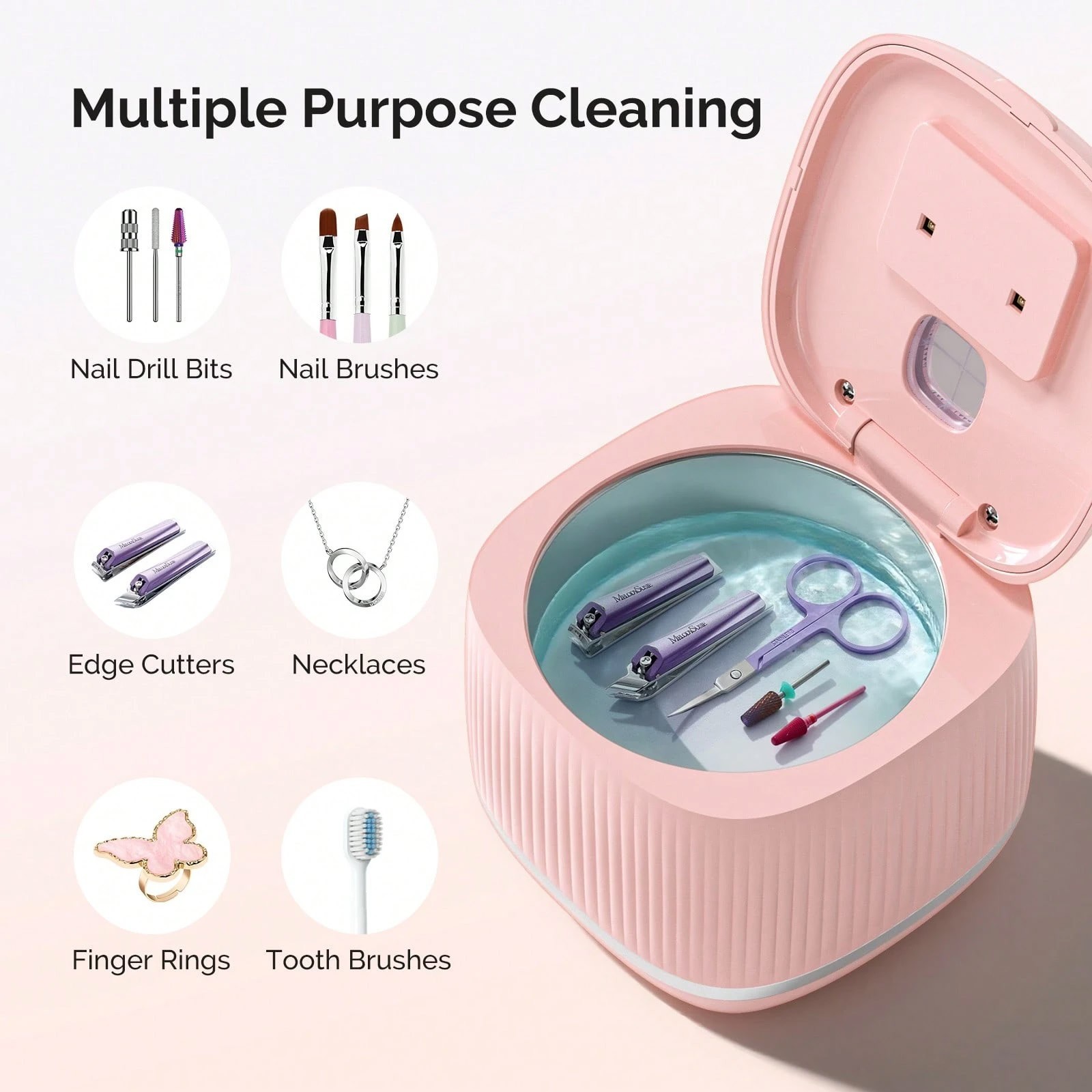 2-in-1 Ultrasonic Cleaner UV Light Jewelry Nail Tool Machine Pink