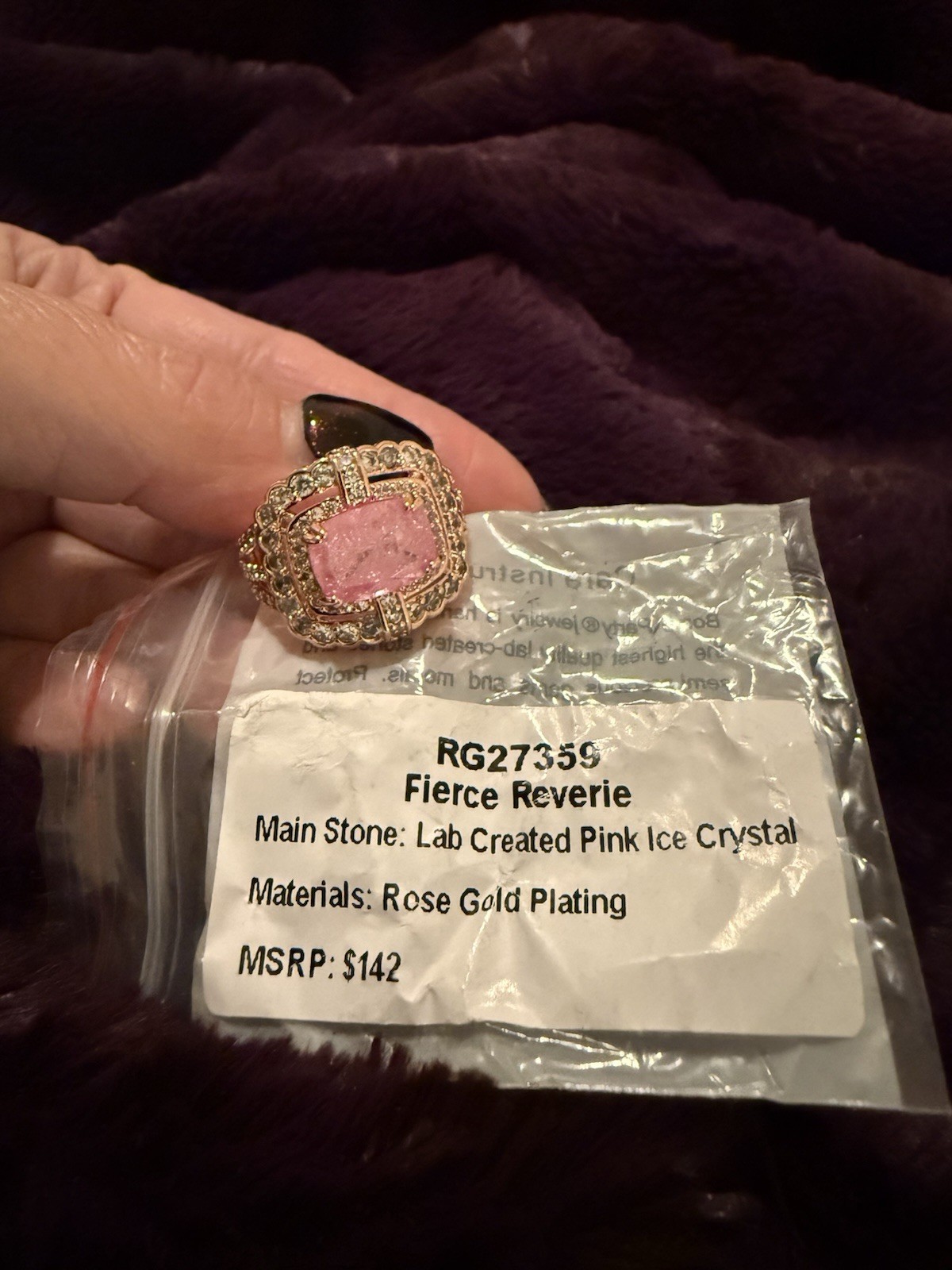 RG27359 Fierce Reverie Pink Cushion Crystal Cocktail Ring Rose Gold Sz 8