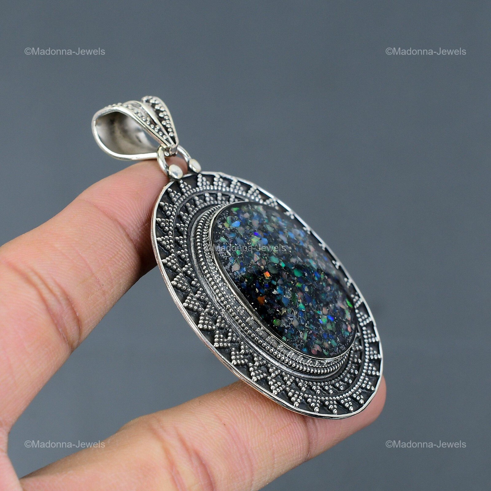 Black Ethiopian Opal Stone Handcrafted Vintage Pendant Jewelry Sterling Silver