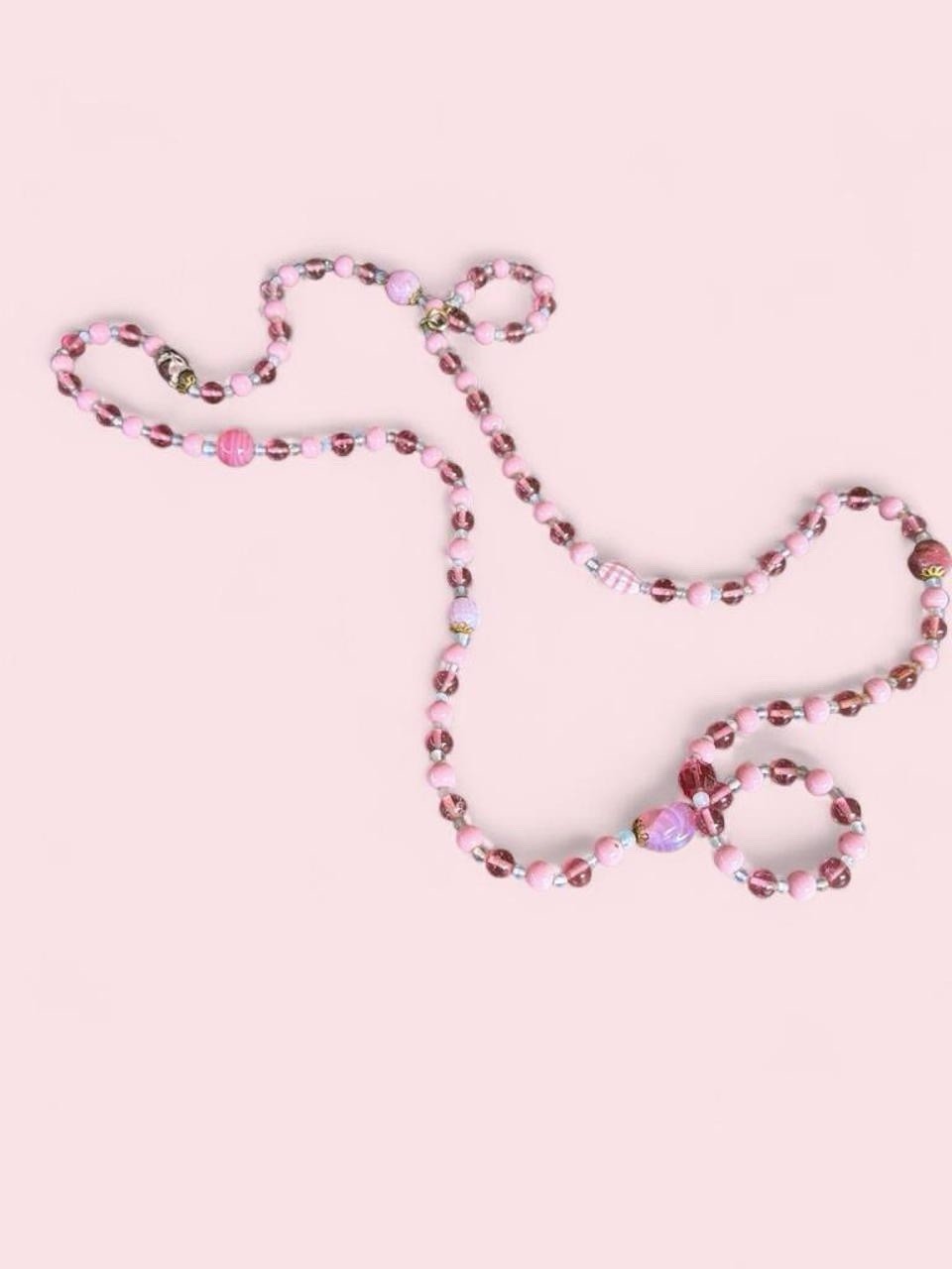 1950s Pink Art Glass Beaded Necklace 48” Hand Knotted Long Flapper Strand 108g