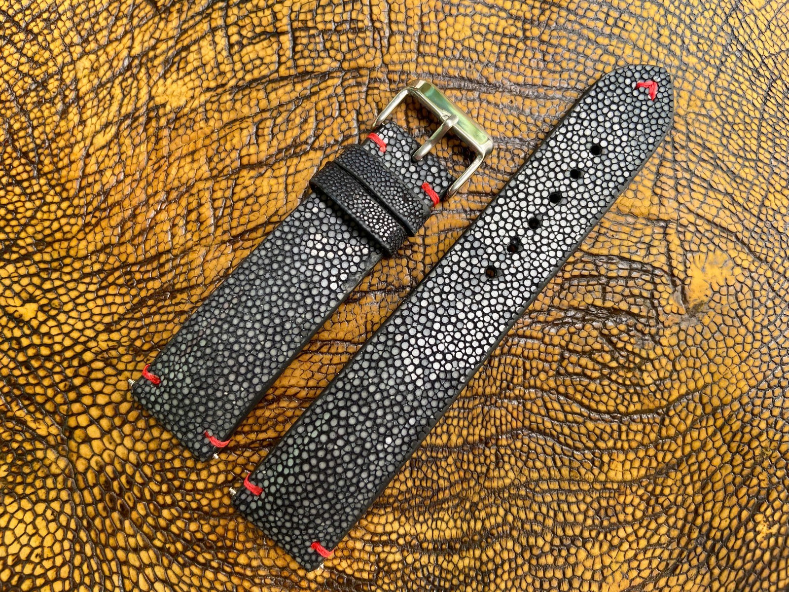 Black Stingray Leather Watch Strap Band, Size 18mm 19mm 20mm 21mm 22mm 24mm 26mm