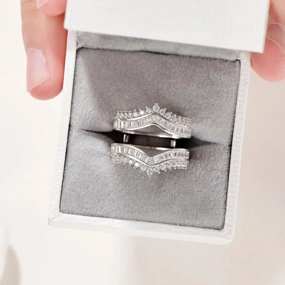 Round & Baguette Lab Created Diamond Wedding Enhancer Ring 14K White Gold Plated