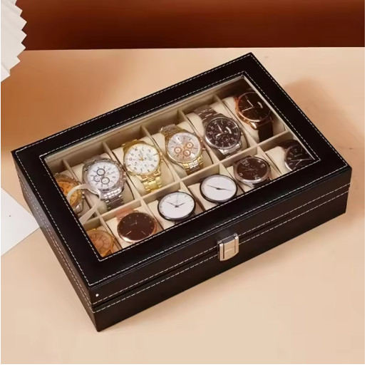 1PC 12-Slot Watch Organizer Case with Lock & Removable Pillows | PU Leather Stor