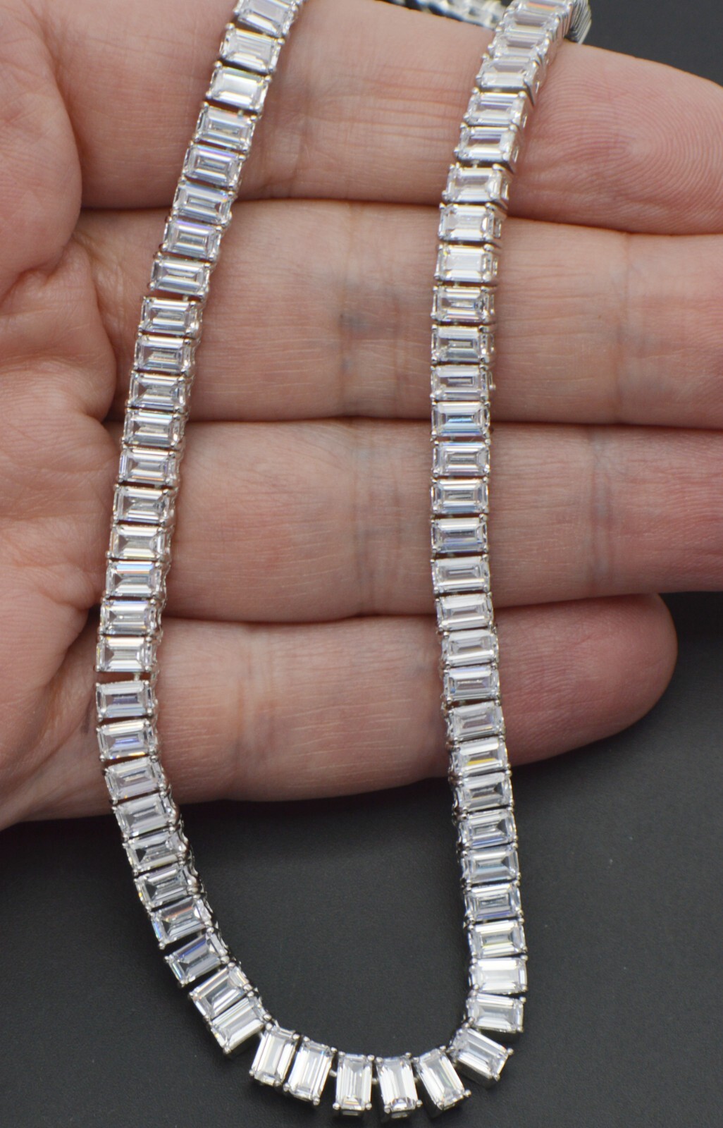 Solid 925 Sterling Silver baguette cz Tenins Chain Necklace 16 inch 37.7g 5.8mm