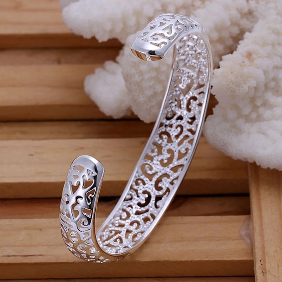 925 Sterling Silver Open Cuff Bangle Bracelet Round Women Fashion Jewelry Gift