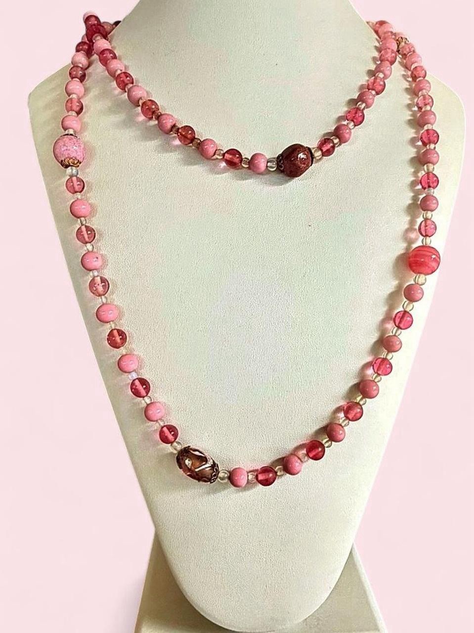 1950s Pink Art Glass Beaded Necklace 48” Hand Knotted Long Flapper Strand 108g