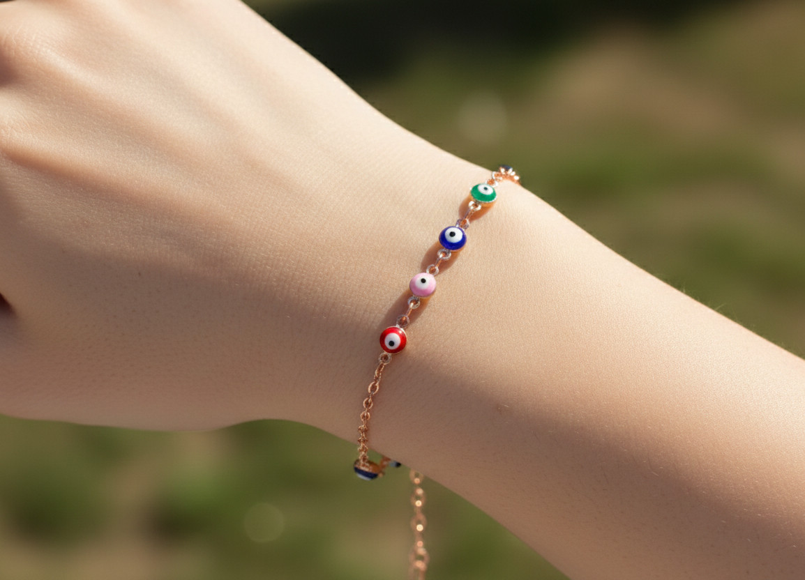 Elegant Rose Gold Plated Brass Bracelet | Boho Multi-Color Evil Eye Charm