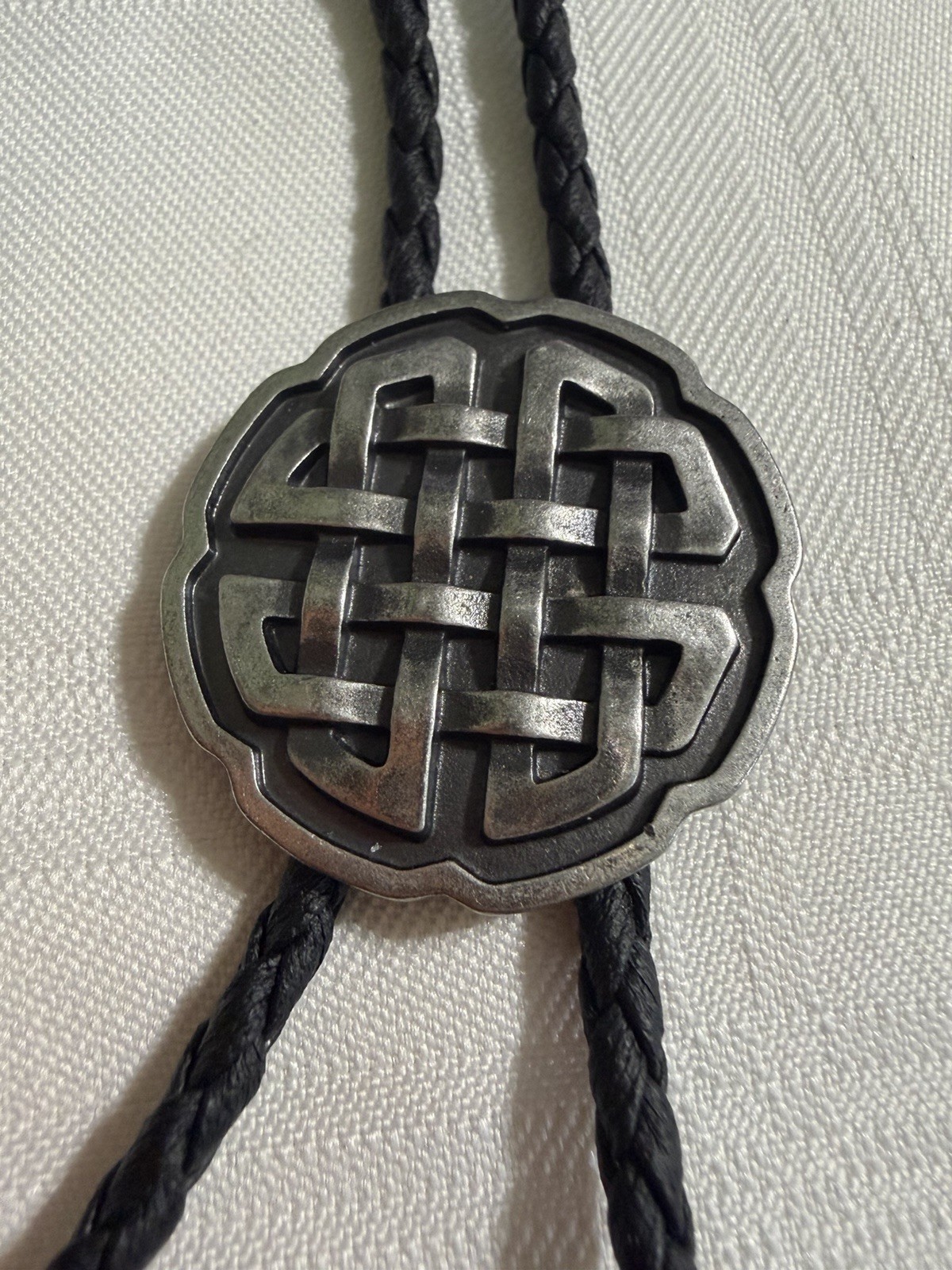 Leather BOLO Tie Silver Tone Metal Enamel Celtic Knot Country Western Neck Tie