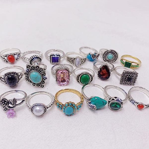 50pcs Bulk Lots Vintage Crystal Stone Mix Plated antique silver Jewelry Ring