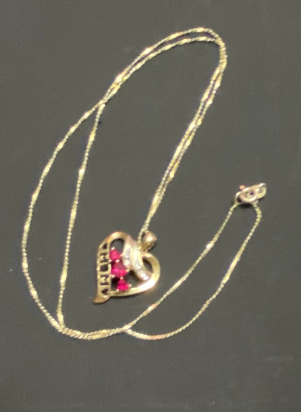 10K Gold MOM Heart Pendant Ruby Stone Charm on 20″ Gold Plated 925 Italy Chain