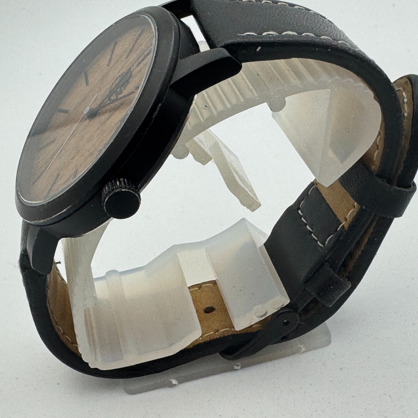 VH Quartz Watch Men Black Wood Grain Dial Japan Movt Leather Analog New Battery