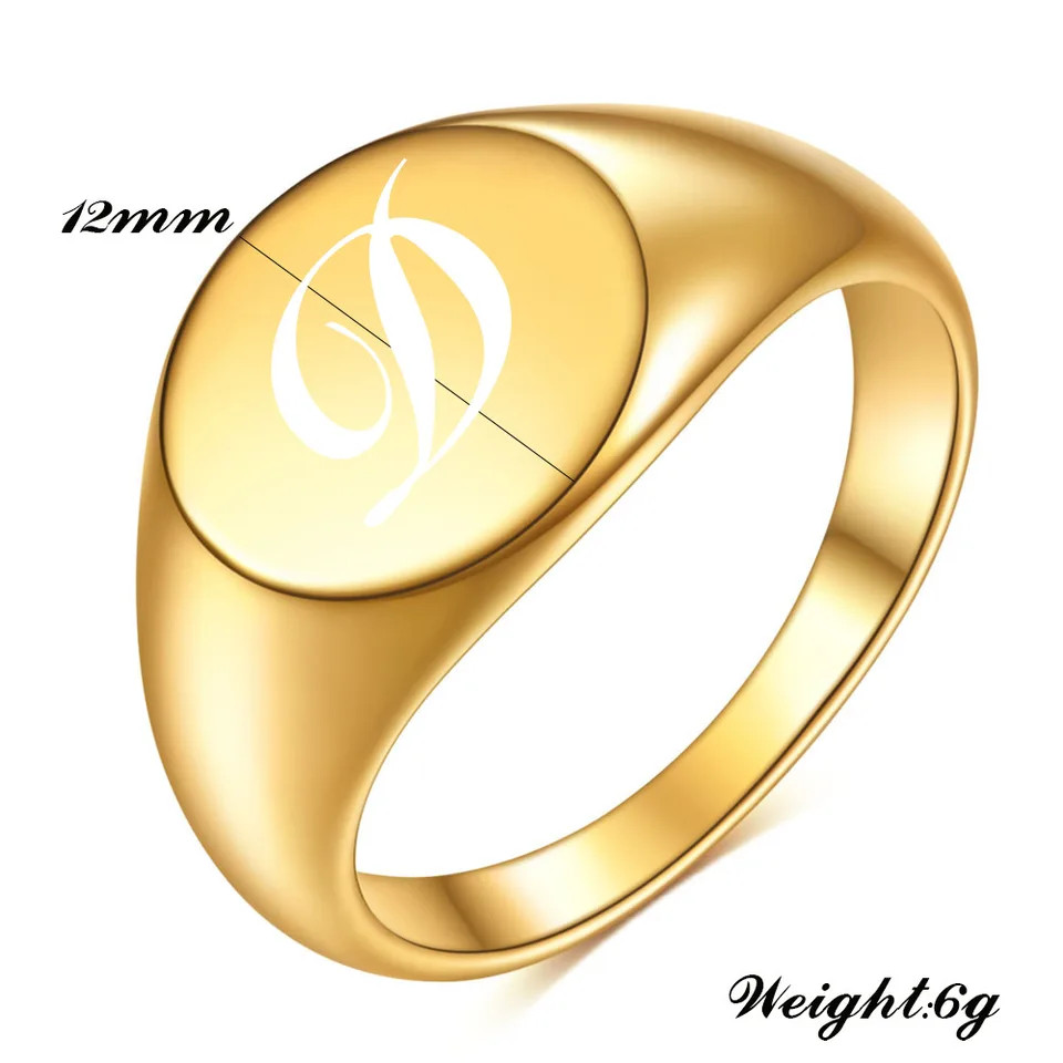Initial Ring Gold Plated Stainless Steel Round Alphabet Signet Band Unisex