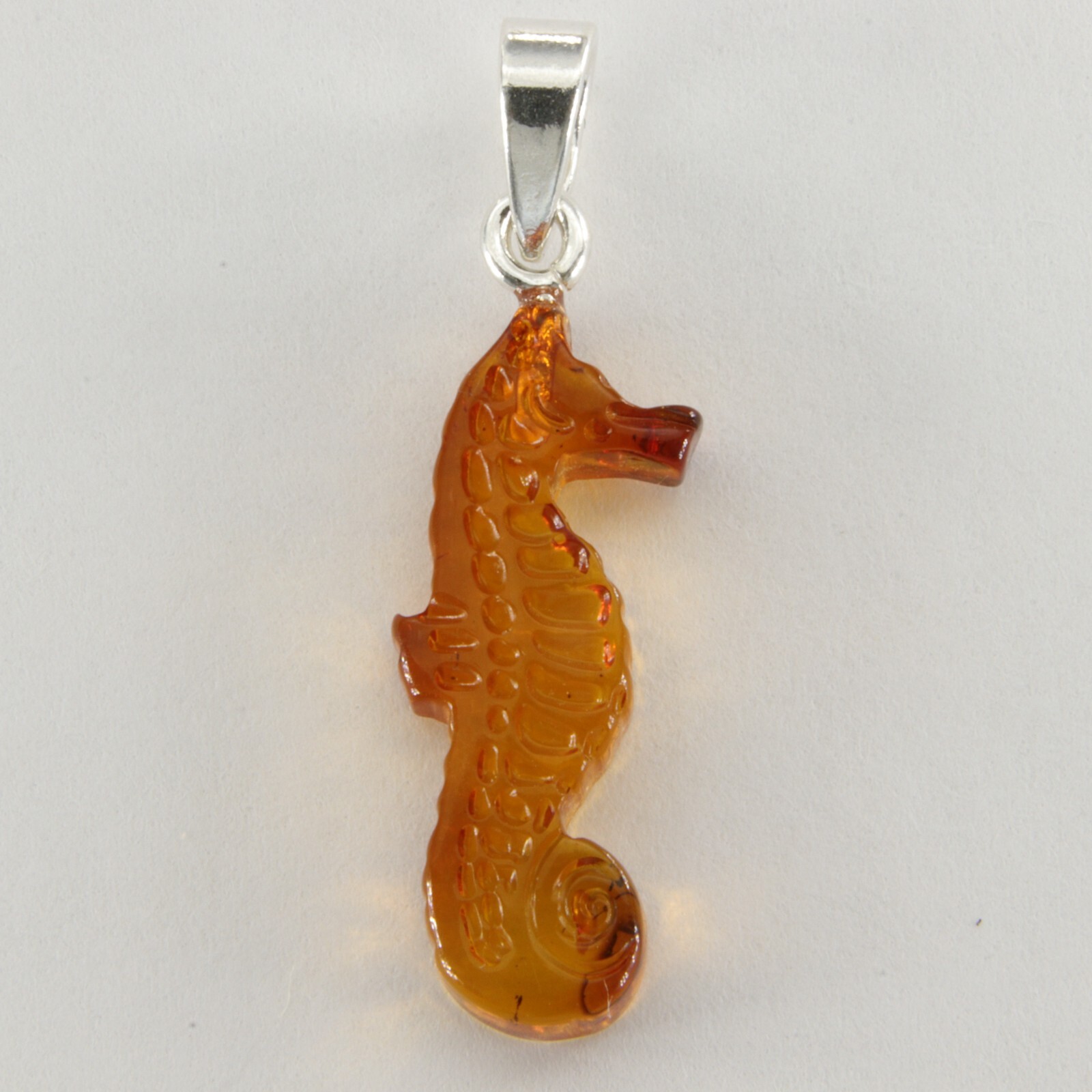 Carved BALTIC AMBER Sea Horse Pendant – 925 STERLING SILVER #5709