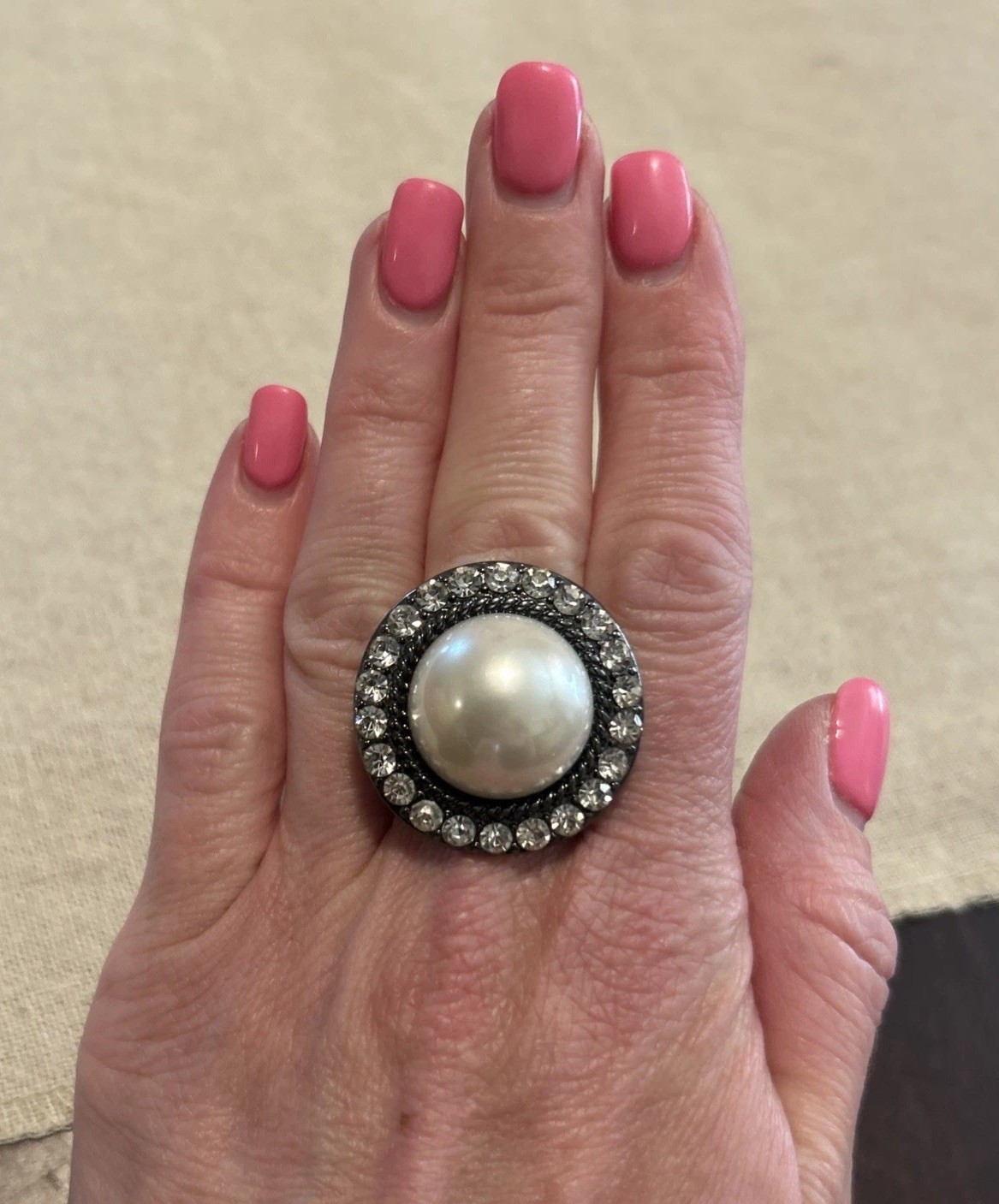 Vintage Cocktail Ring Faux Pearl & Rhinestone Stretch To Fit
