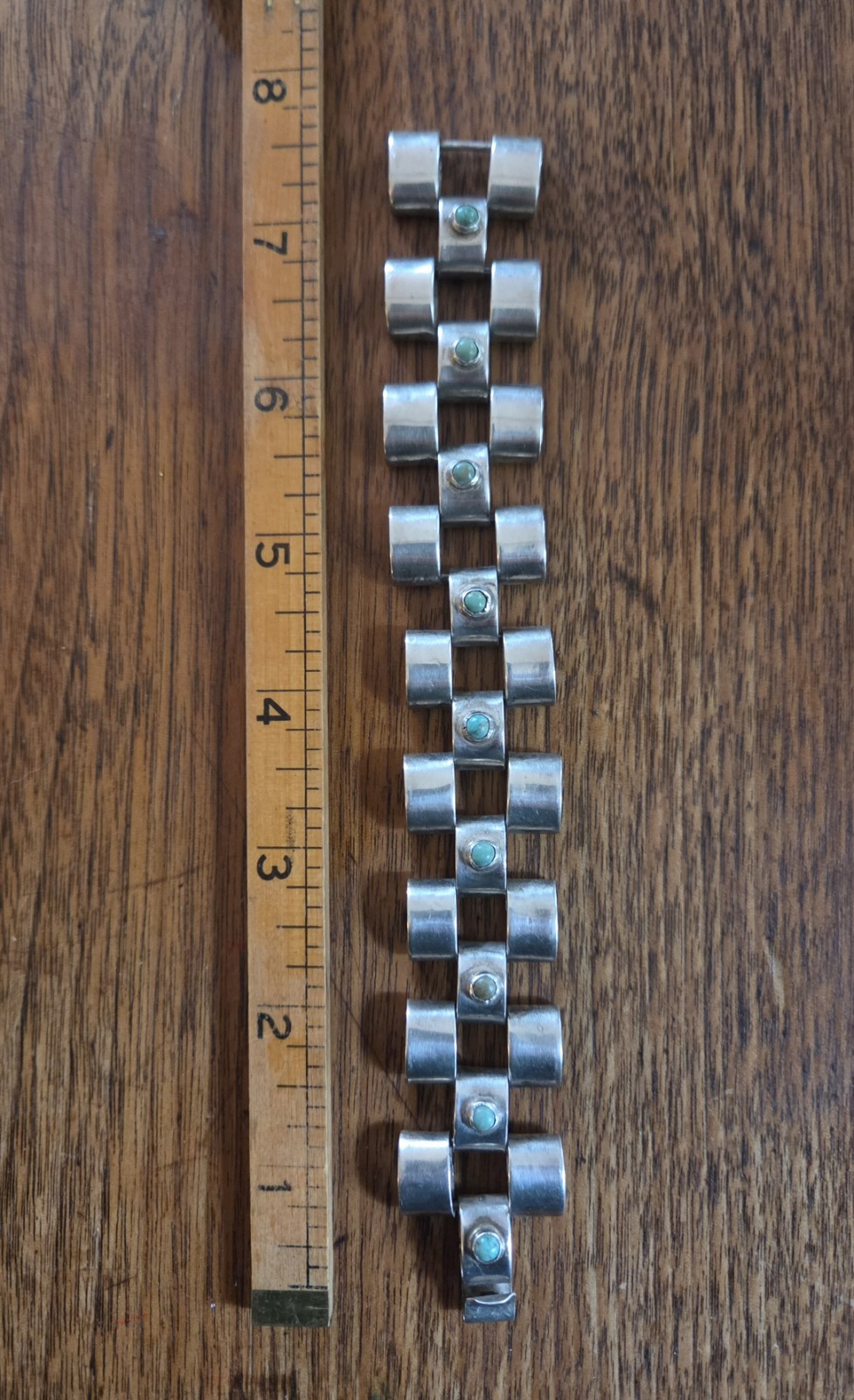 Turquoise & Mexican Silver Vintage Heavy Link Bracelet 61 grams 7.5 inches long