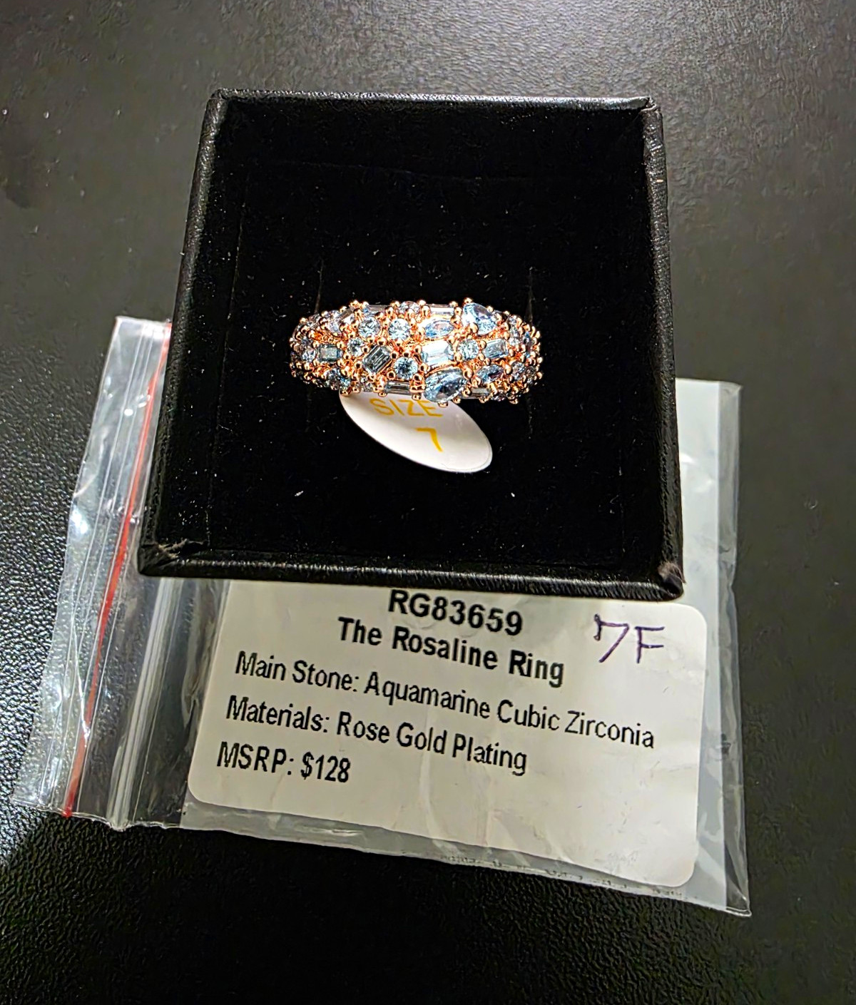 Rose Gold Plated Aquamarine Cubic Zirconia Band Ring Size 7 RG83659