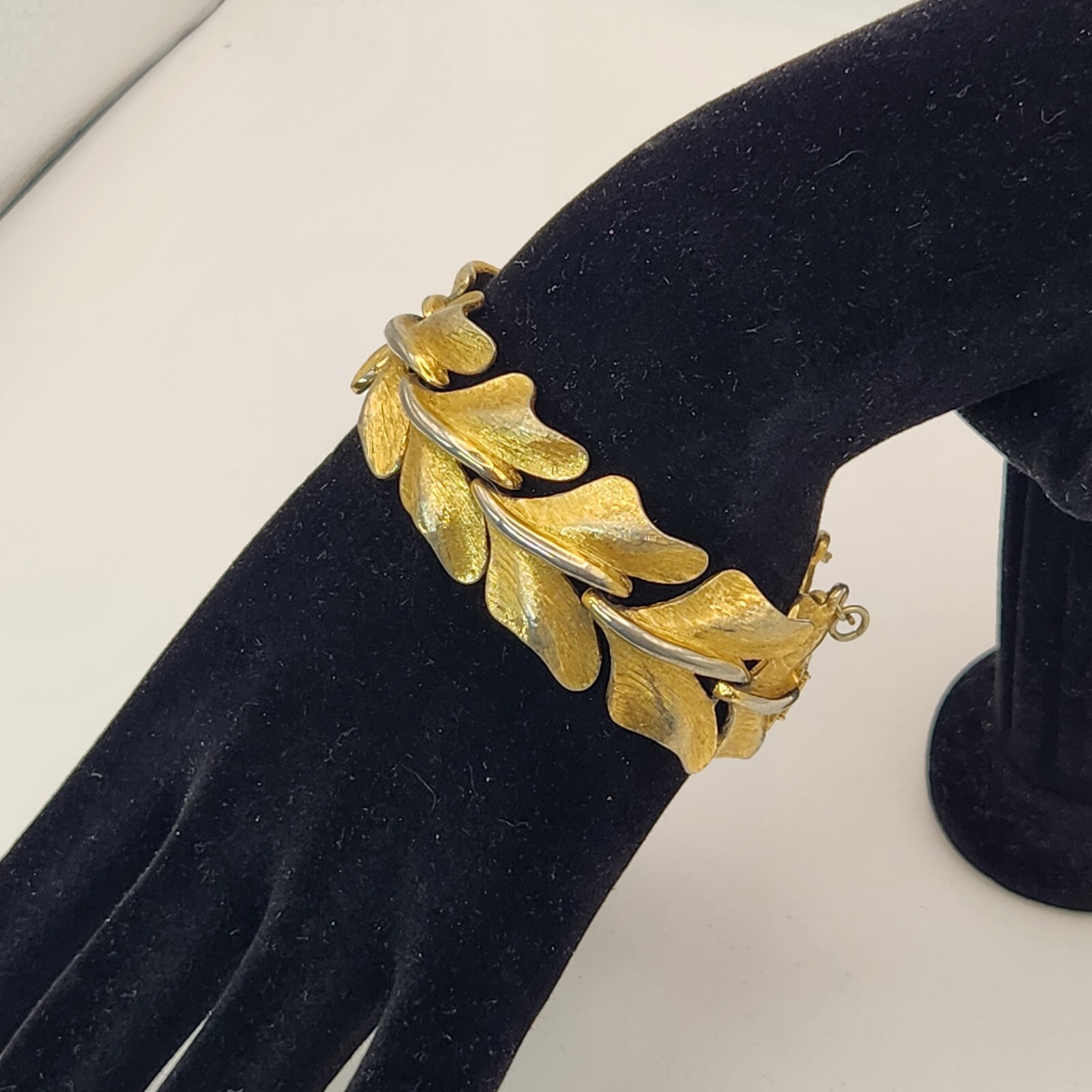 Vintage Monet Gold Tone Leaf Link Bracelet With Safety Chain Chunky Textured