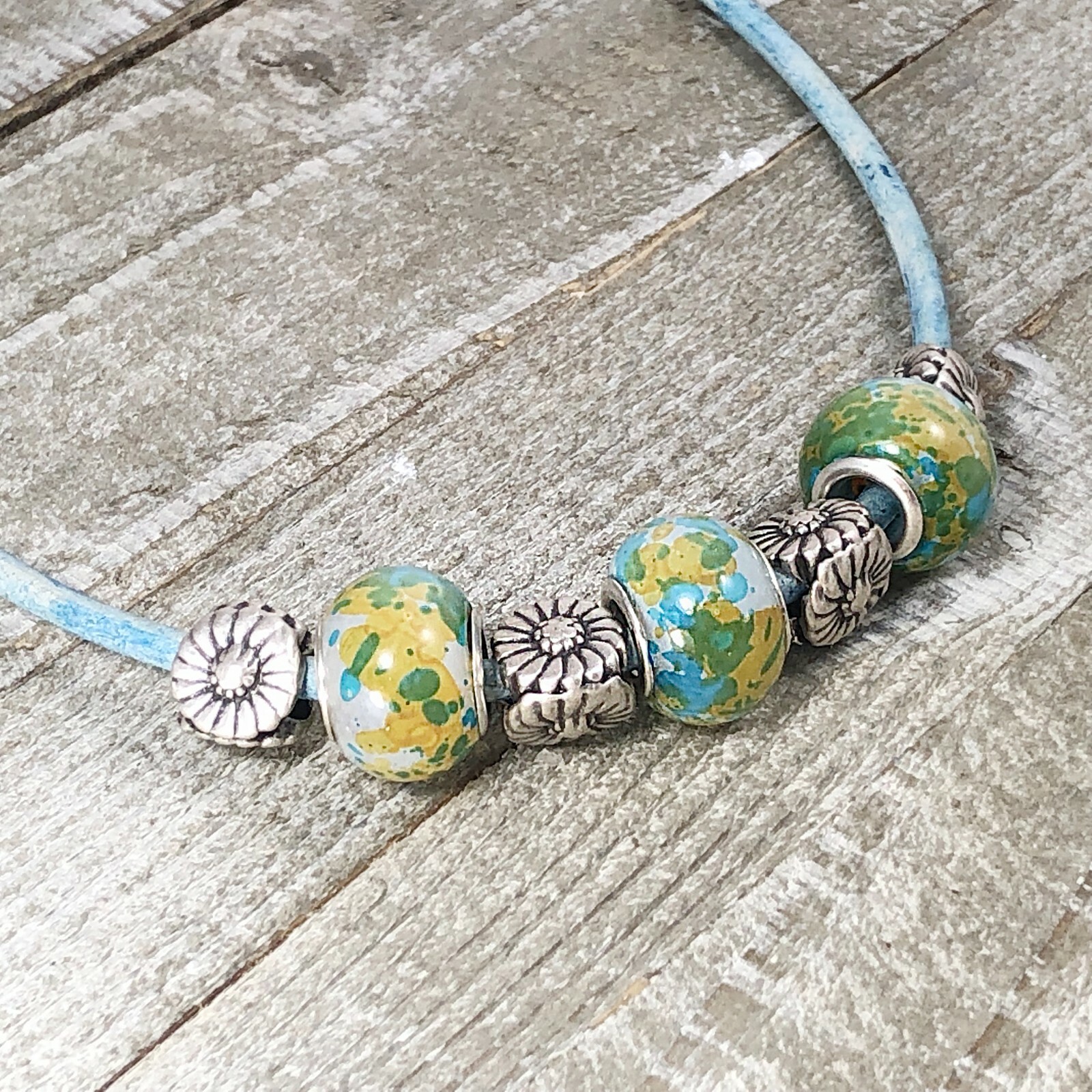 Summer Choker with Cornflower Blue Leather Cord and Lampwork Beads