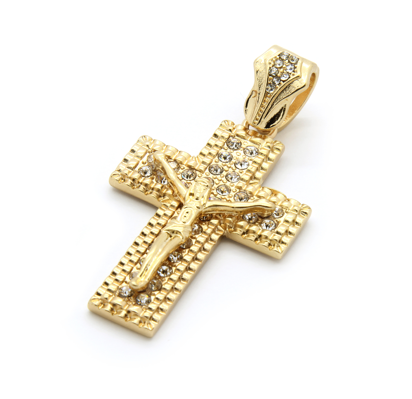 14k Gold Plated Jesus Cross Pendant Cubic Zirconia Hip-Hop 24″ Cuban Chain M1