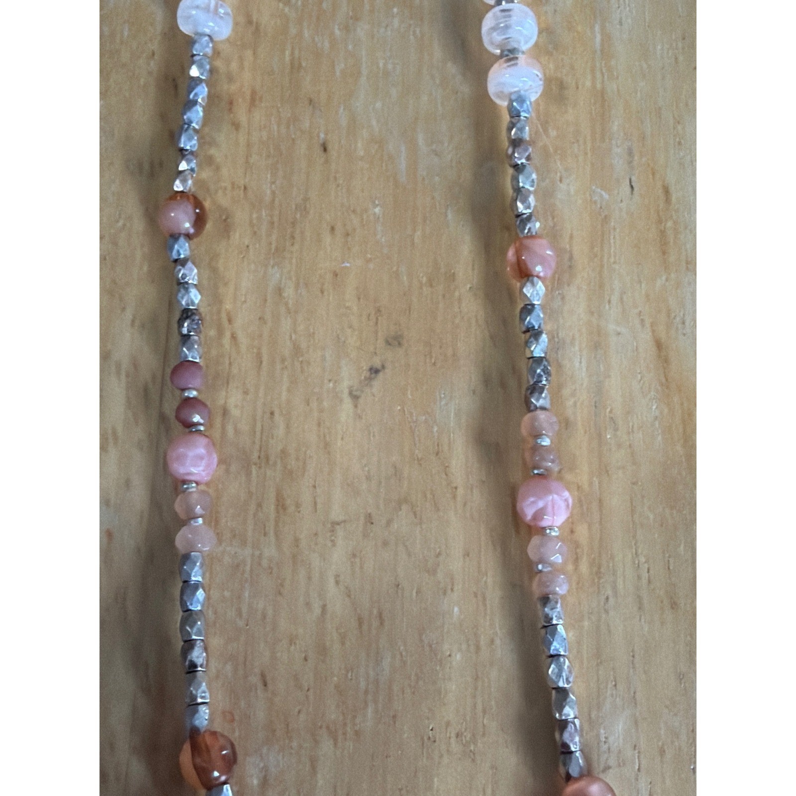 Bohemian Pink Peach Stone Beaded Long Strand Necklace Silver Accents