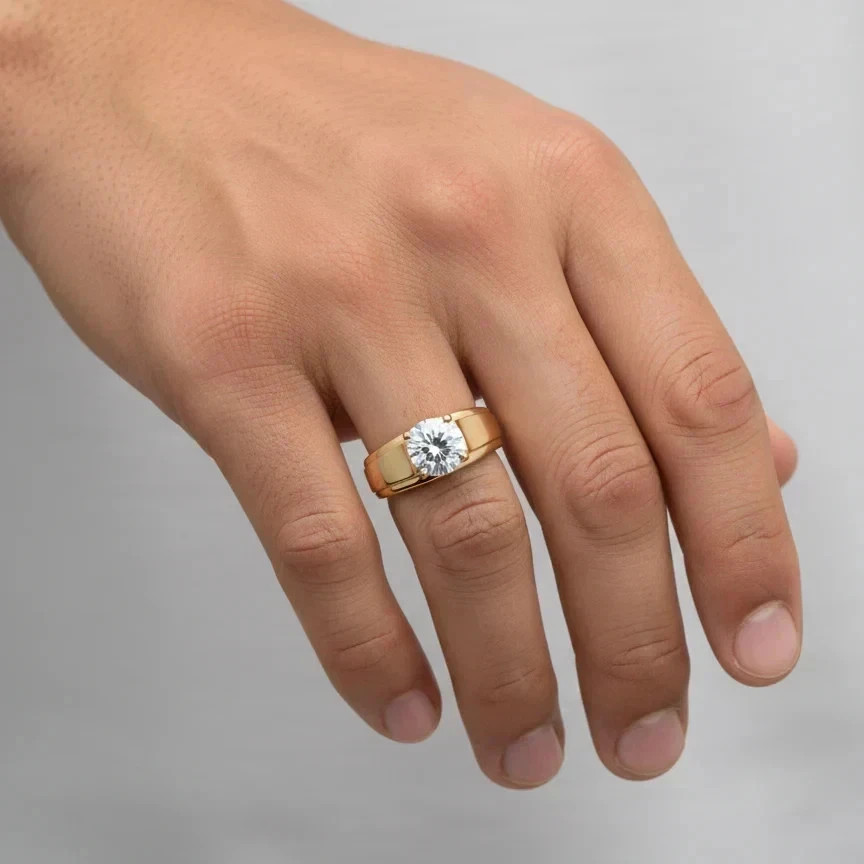 Men’s 3 CT Round Moissanite Solitaire Ring, 925 Silver Band Statement Ring