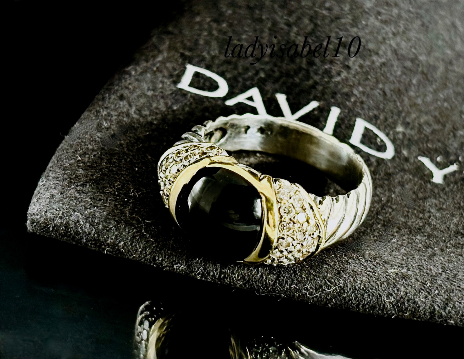 David Yurman 18k Gold Silver Onyx Pave Diamond Cable Ring Size 6.5 w/POUCH