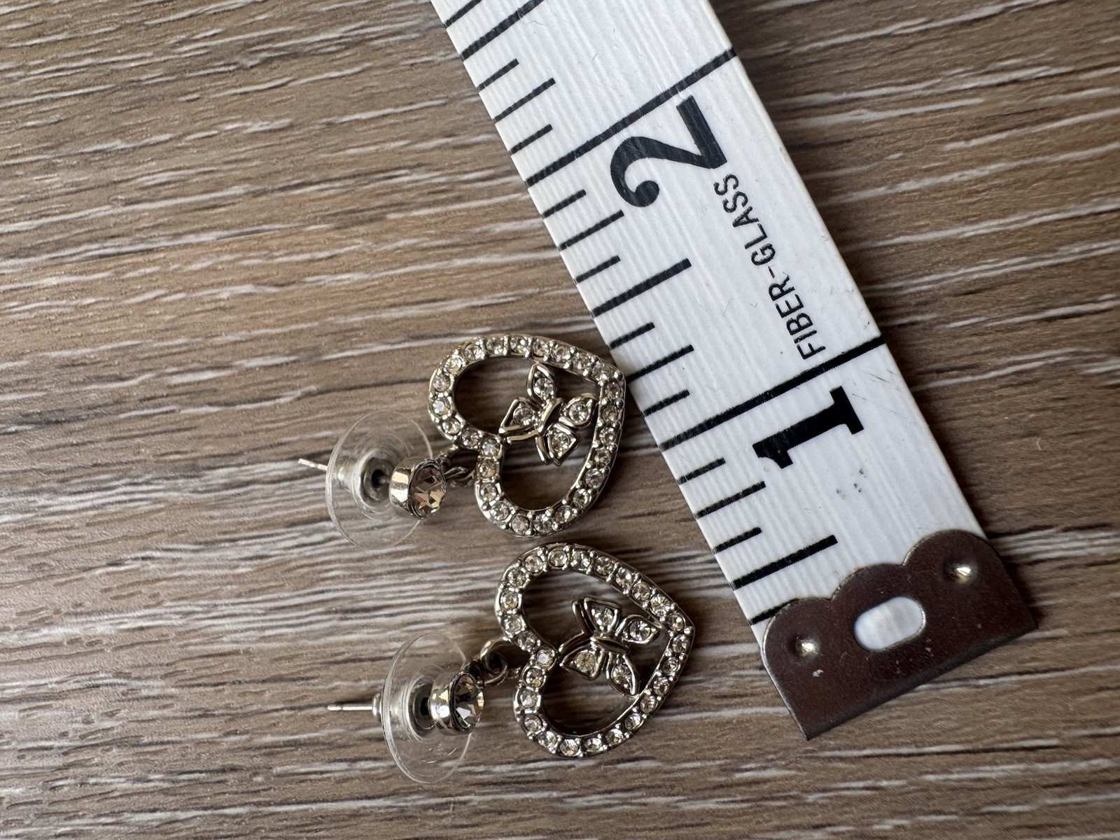 Silver Tone Crystal Rhinestone Heart Stud Earrings, Butterfly