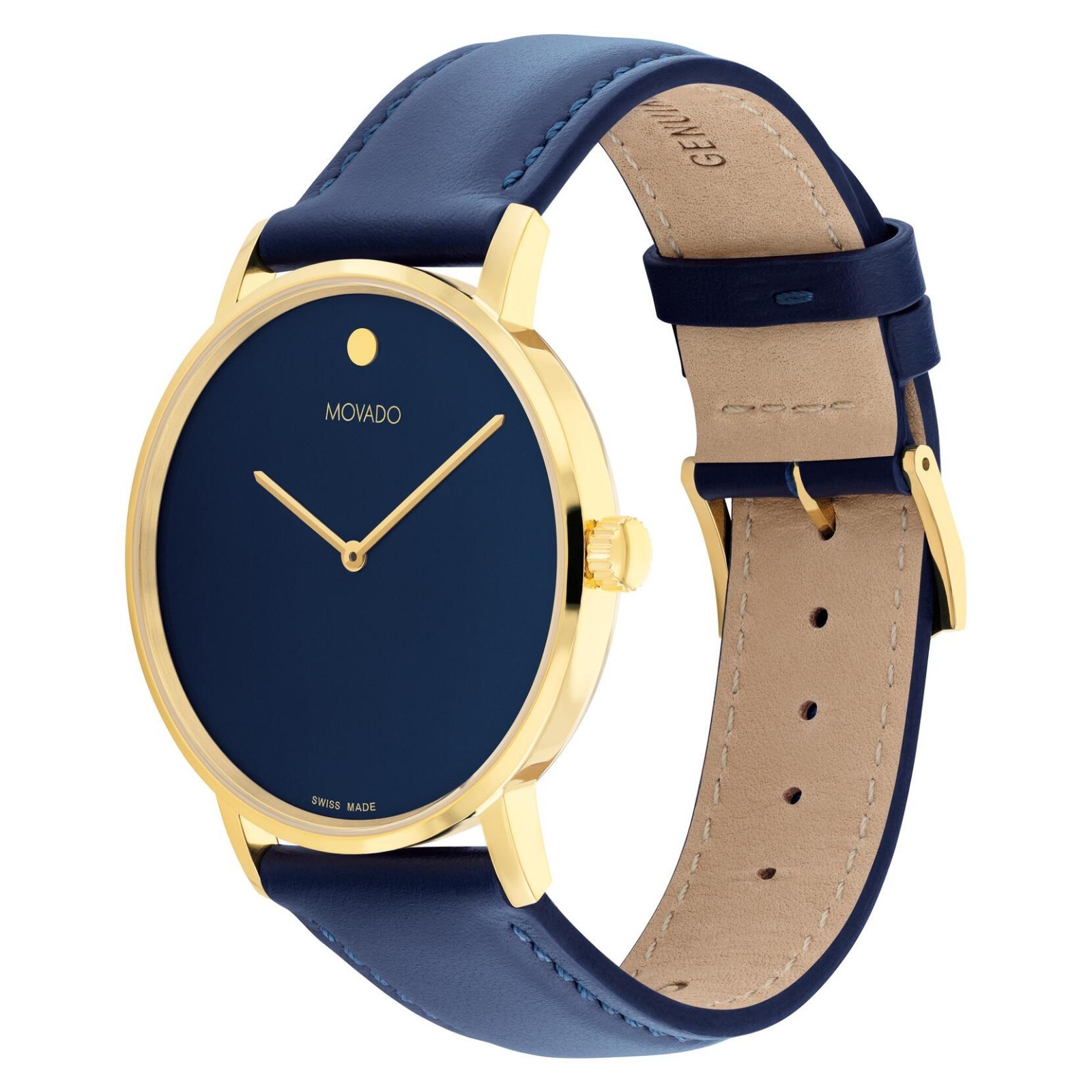 MOVADO Signature Dark Blue Dial & Leather Strap Gold Watch 0608100