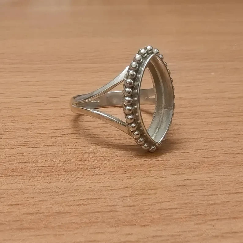 925 Sterling Silver 8x16mm Marquise Bezel Ring Blank Beaded Band DIY Jewelry