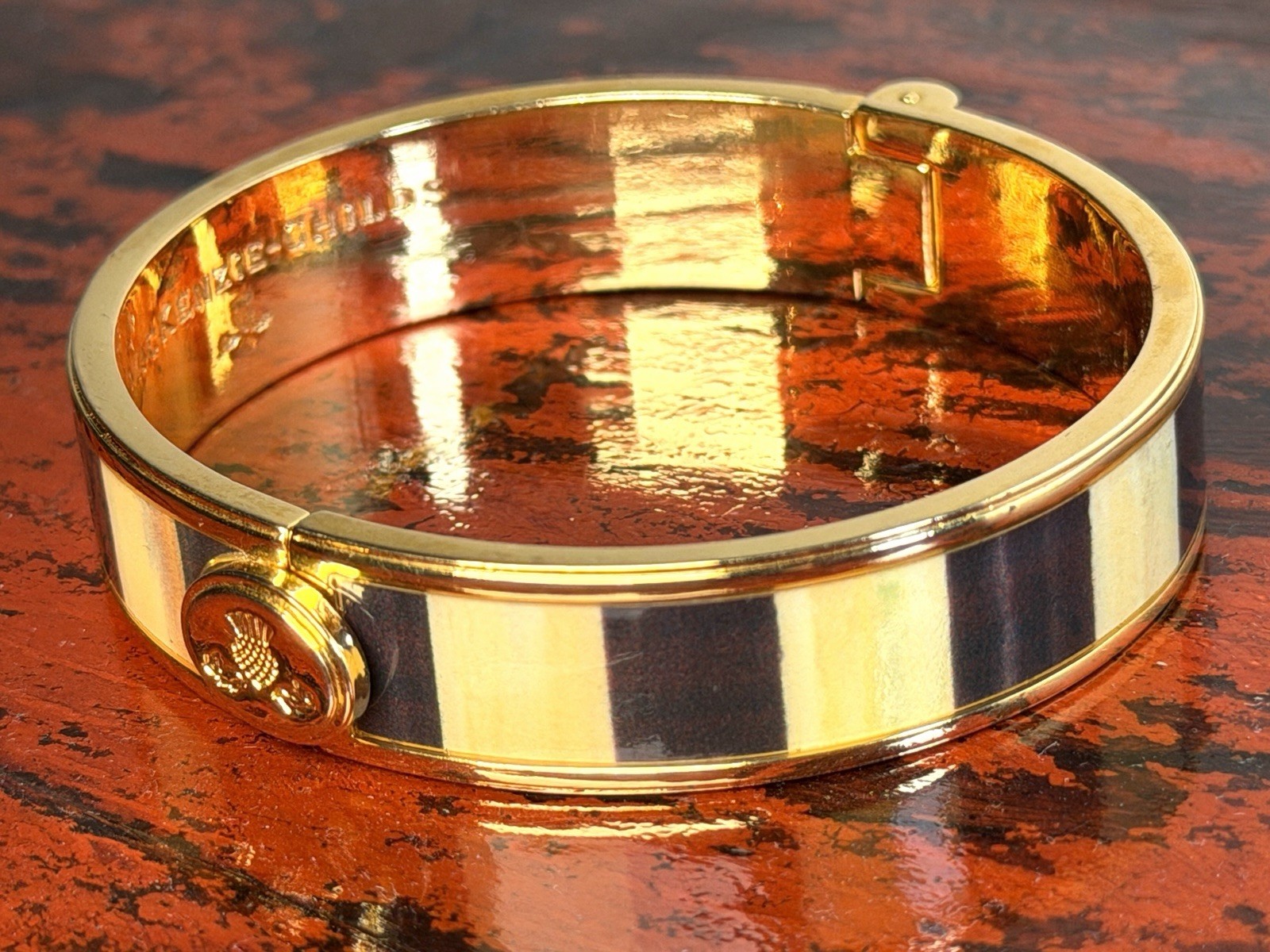 MACKENZIE CHILDS Courtly Check Metal and Enamel Hinged Bangle Cuff Bracelet