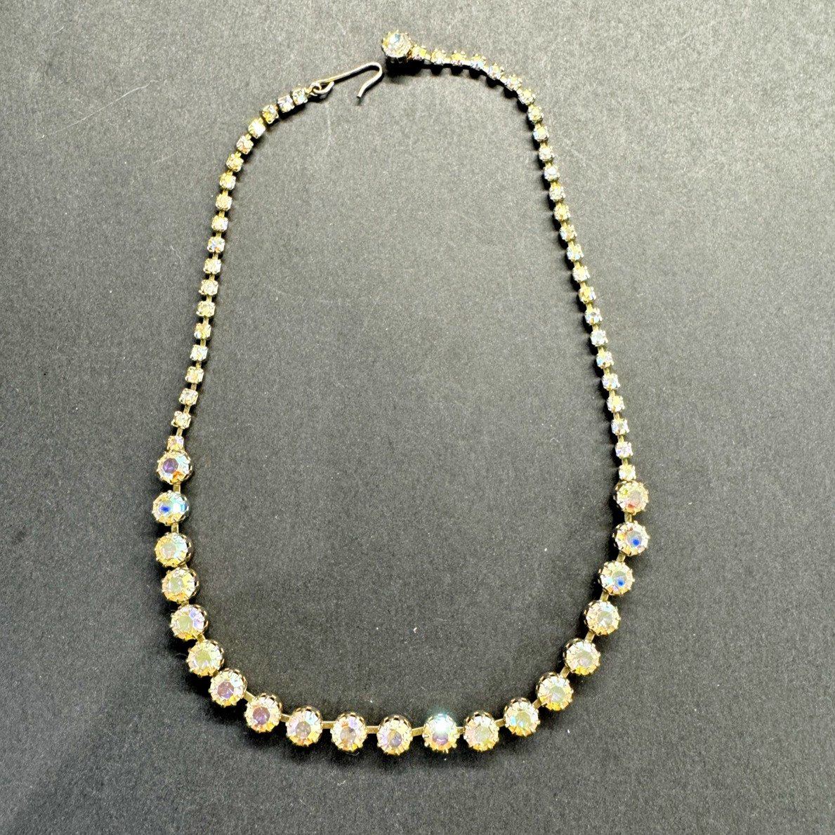 Vintage 1960s Aura Borealis Rhinestone 16″ Choker, Iridescent Crystal stones