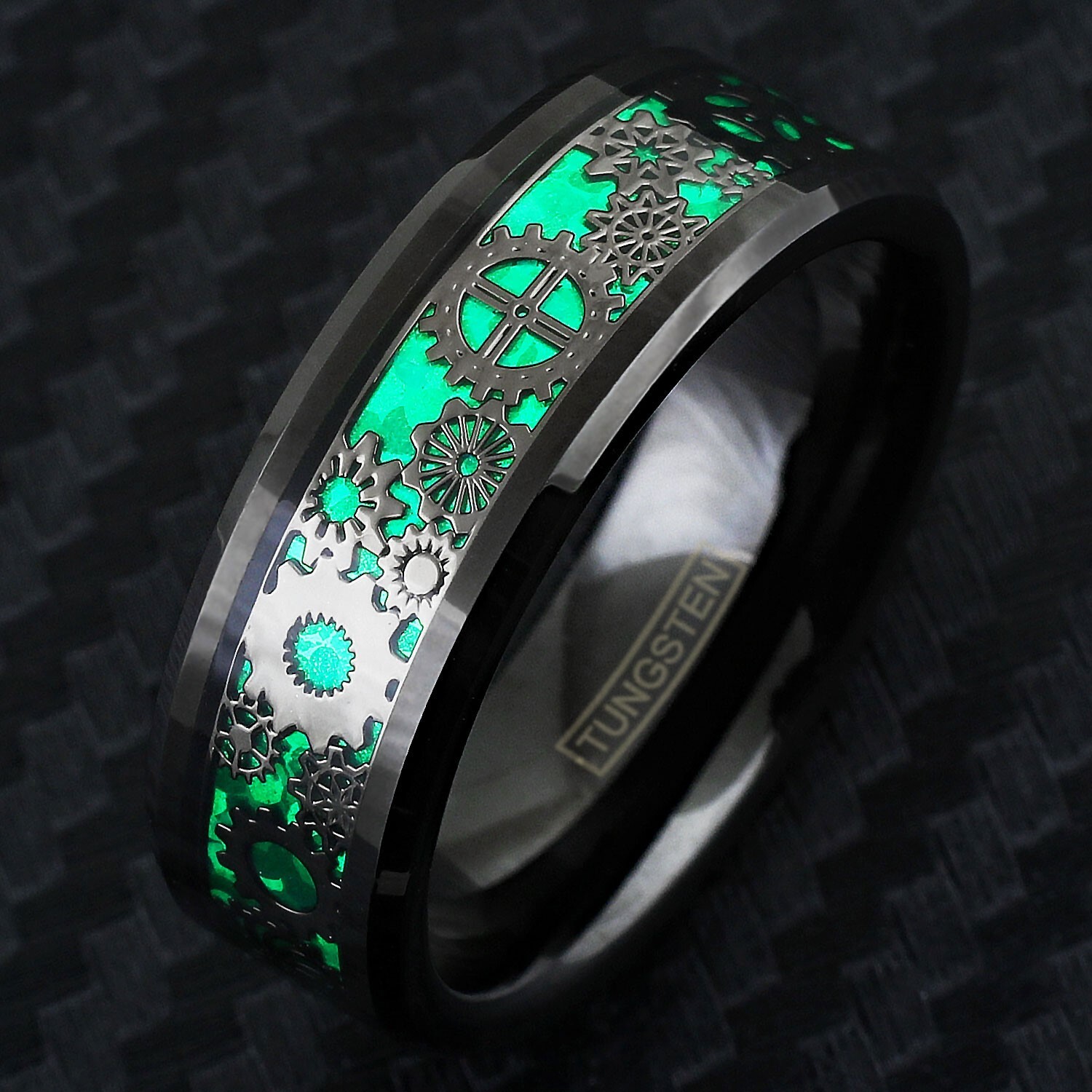 8mm Tungsten Gunmetal Steampunk Clockwork Gears Green Carbon Fiber Wedding Ring