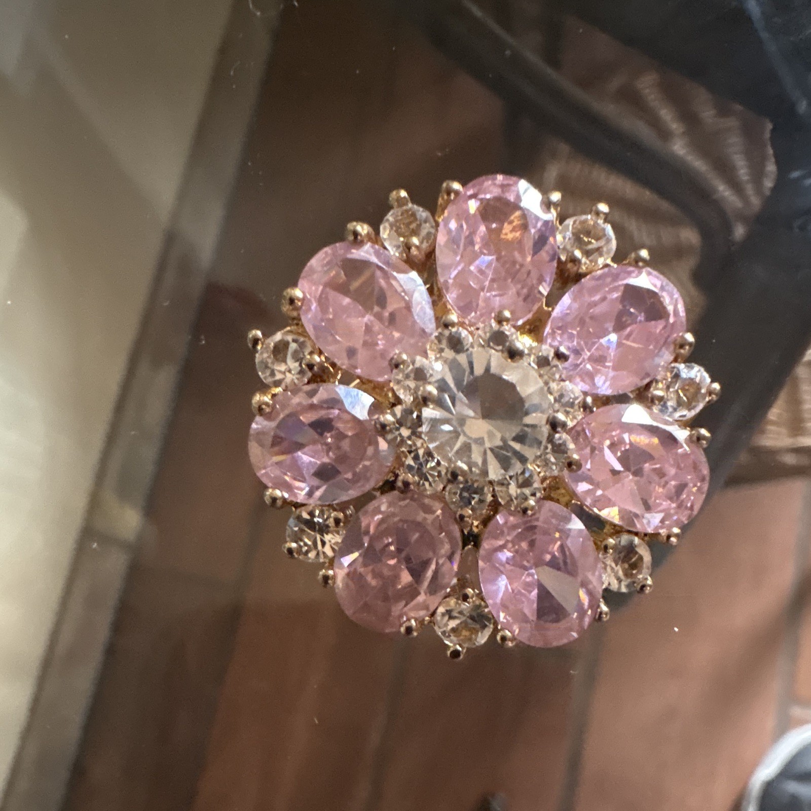 Pink & Clear Rhinestone Flower Cluster Brooch Pin, Prong Set, Gold Tone 1950s